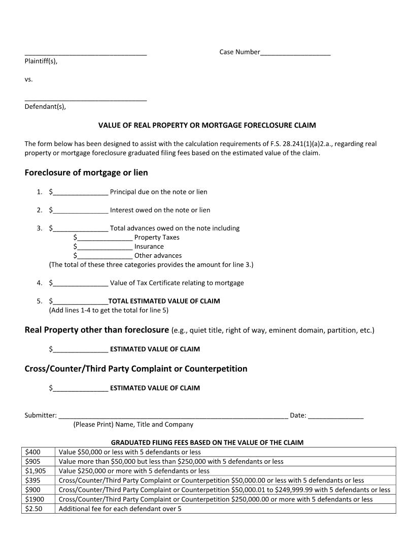Value Of Real Property Or Mortgage Foreclosure Claim | Pdf Fpdf Docx | Florida