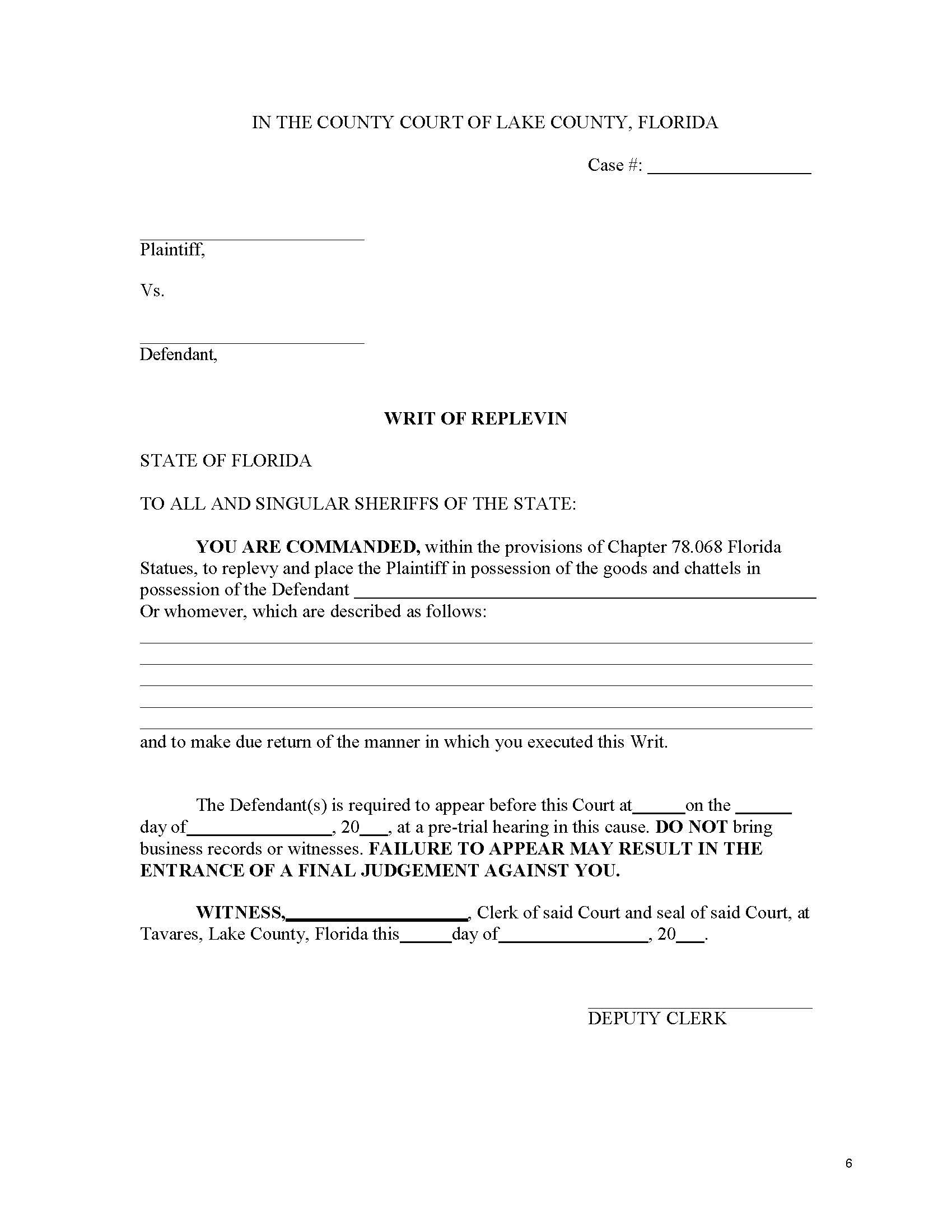 Writ Of Replevin | Pdf Fpdf Docx | Florida