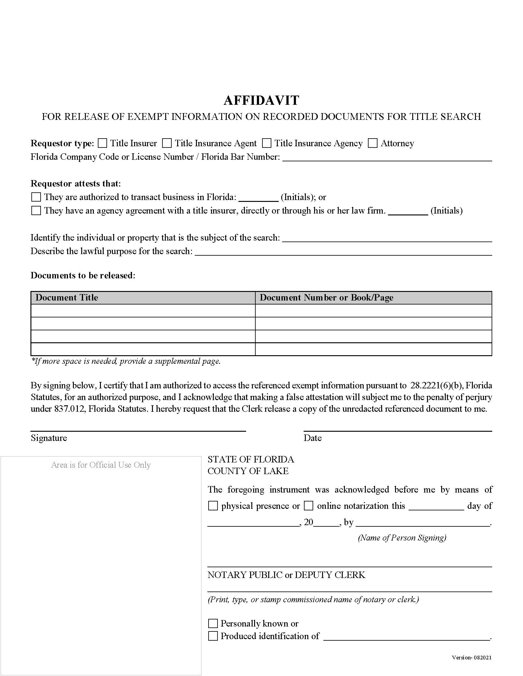 Affidavit For Release Of Exempt Information For Title Search | Pdf Fpdf Docx | Florida