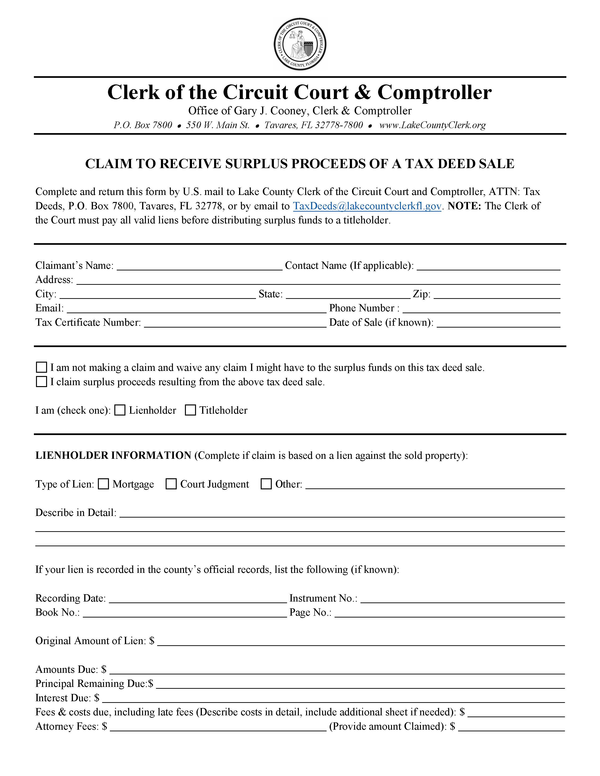 Claim To Receive Surplus Proceeds Of A Tax Deed Sale | Pdf Fpdf Docx | Florida