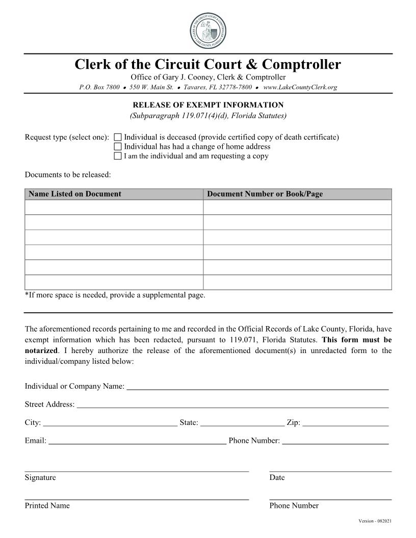 Release Of Exempt Information | Pdf Fpdf Docx | Florida