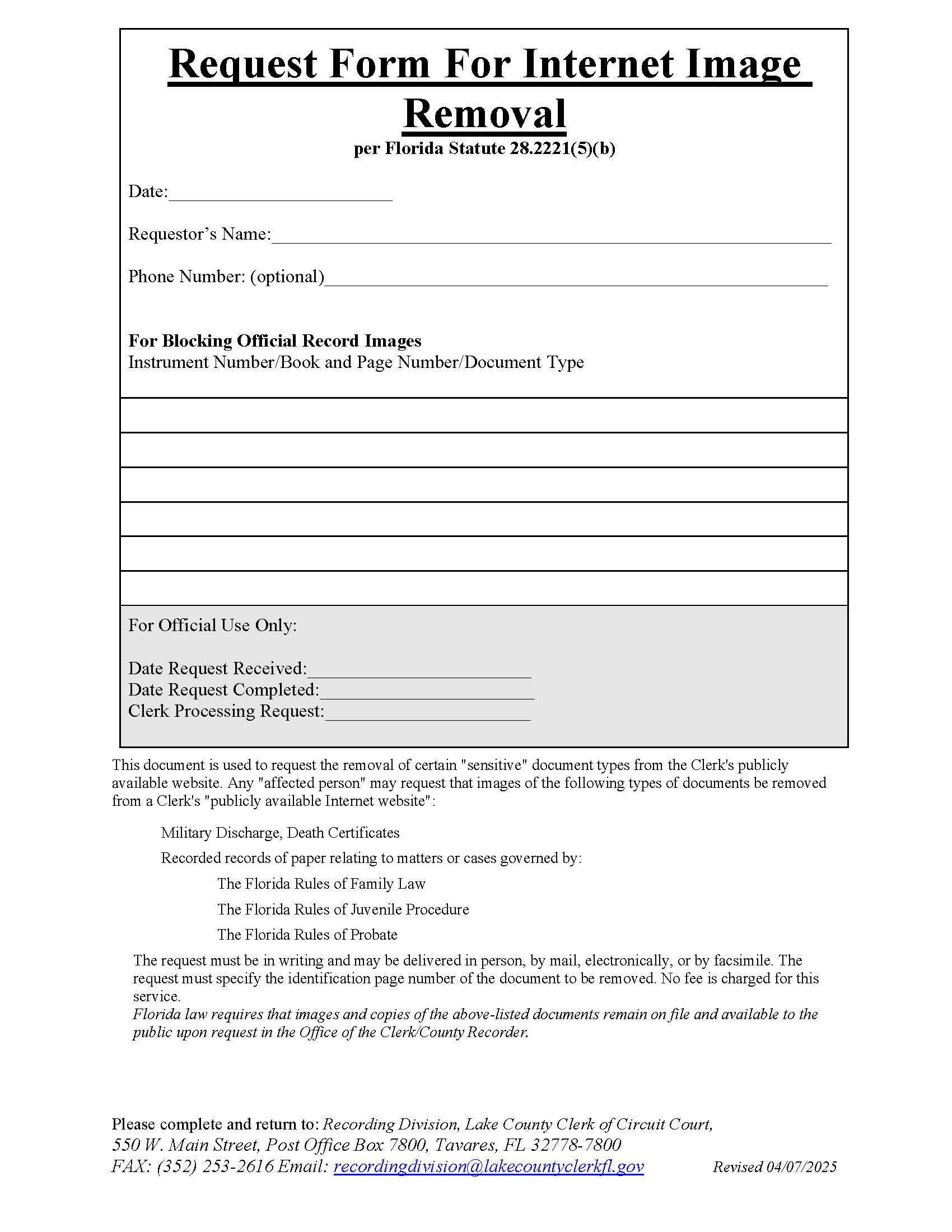 Request Form For Internet Image Removal |  | Florida