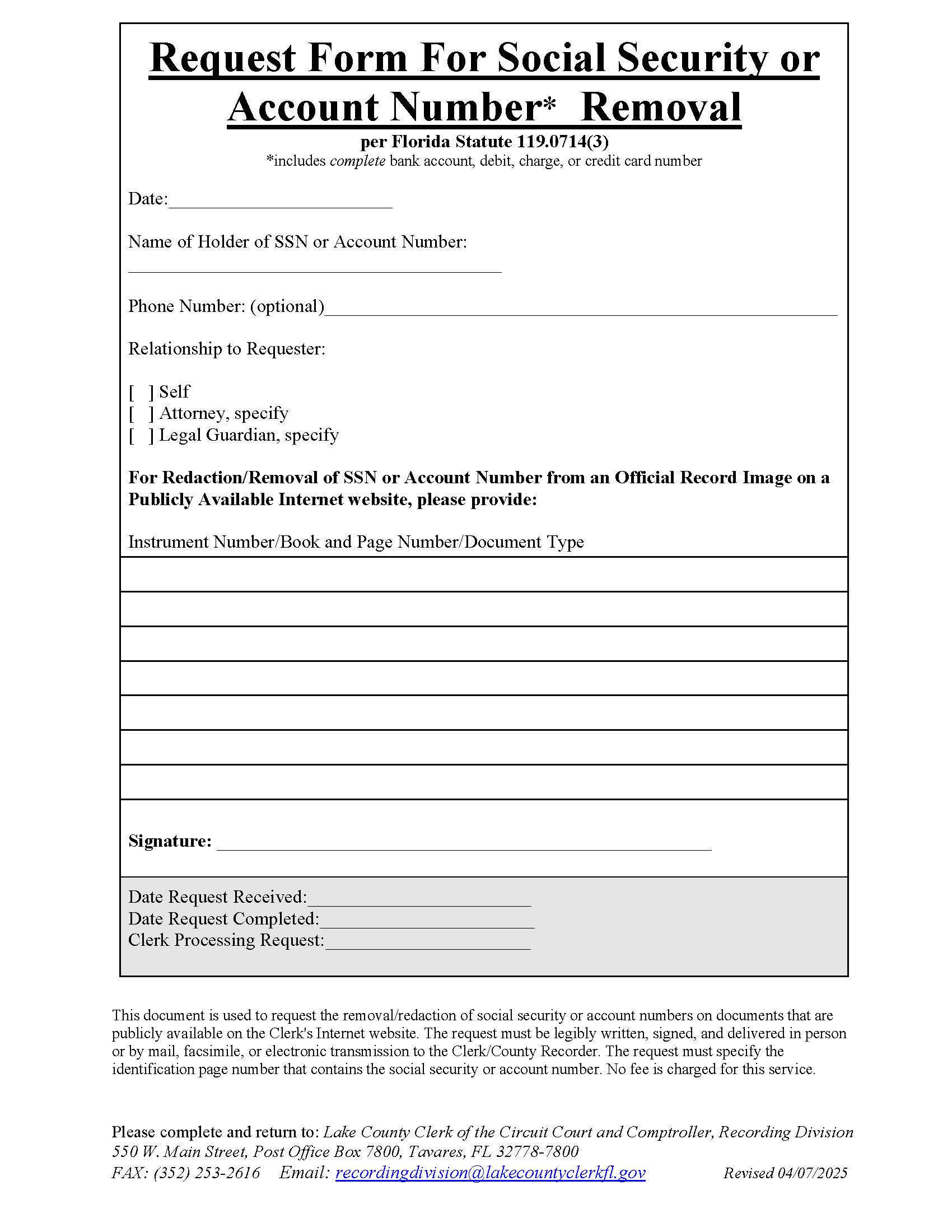 Request Form For Social Security Or Account Number Removal |  | Florida