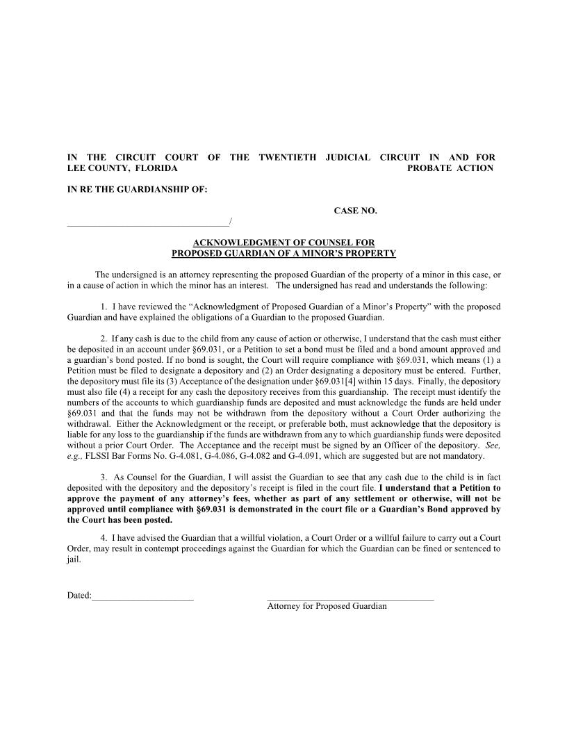 Acknowledgment Of Counsel For Proposed Guardian Of A Minors Property | Pdf Fpdf Docx | Florida
