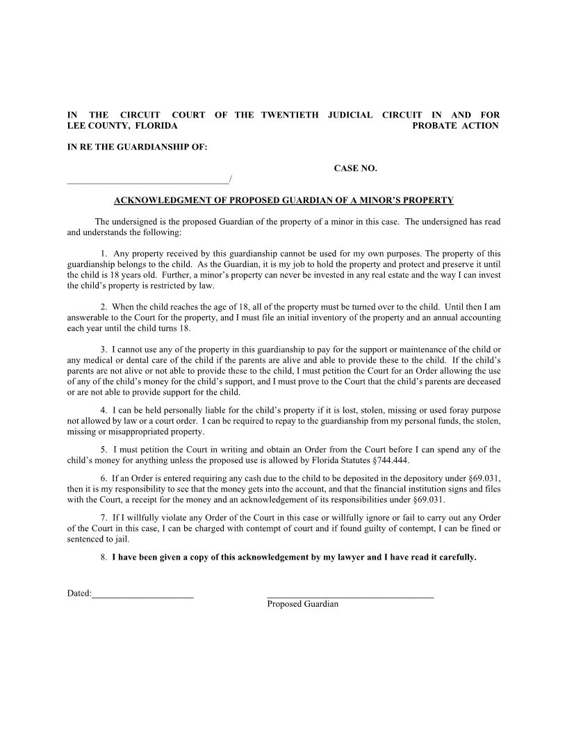 Acknowledgment Of Proposed Guardian Of A Minors Property | Pdf Fpdf Docx | Florida