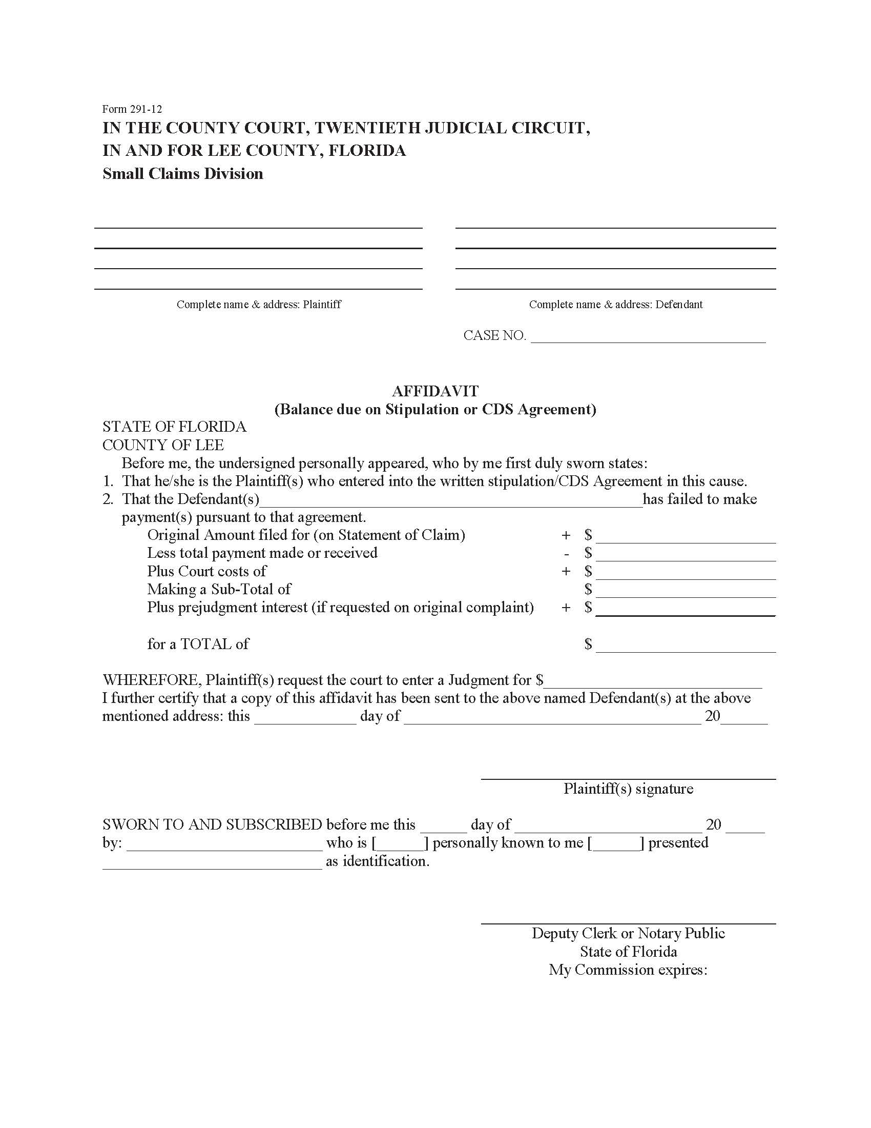 Affidavit (Balance Due On Stipulation Or CDS Agreement Small Claims) | Pdf Fpdf Docx | Florida