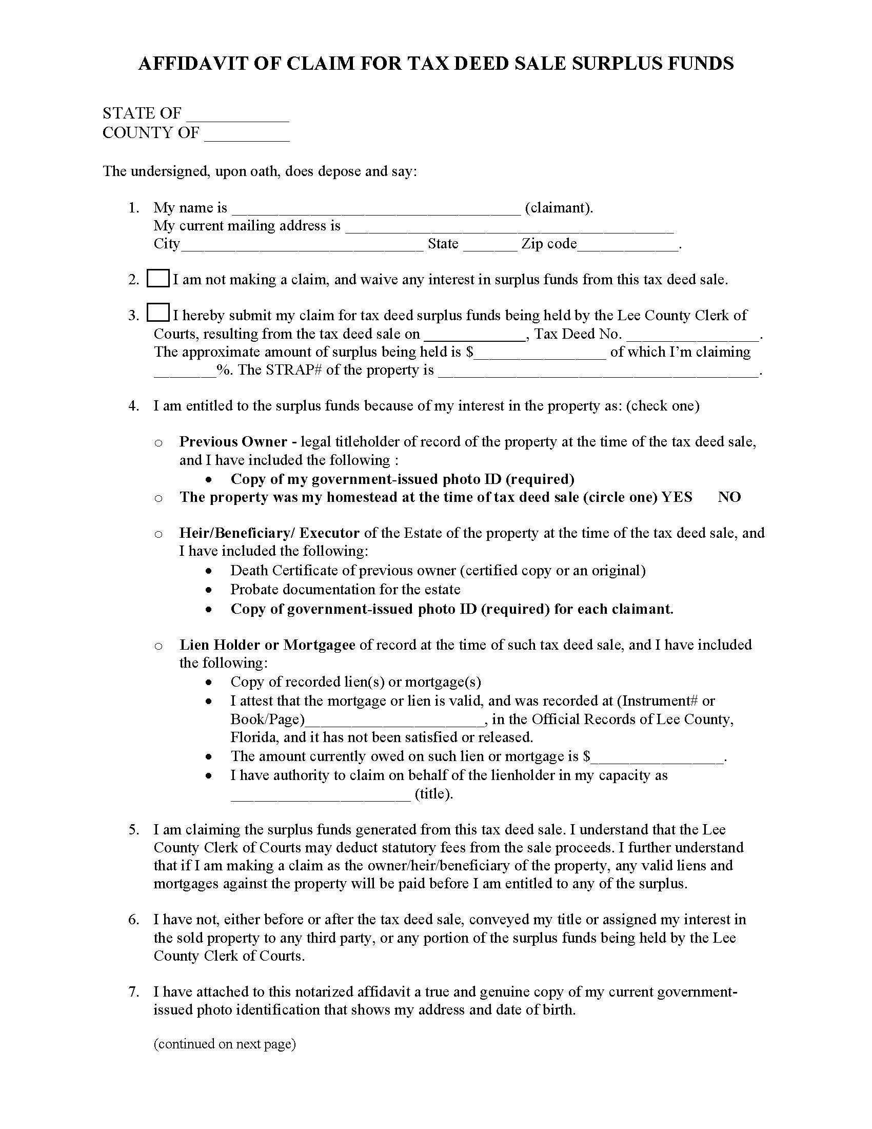 Affidavit Of Claim For Tax Deed Sale Surplus Funds | Pdf Fpdf Docx | Florida