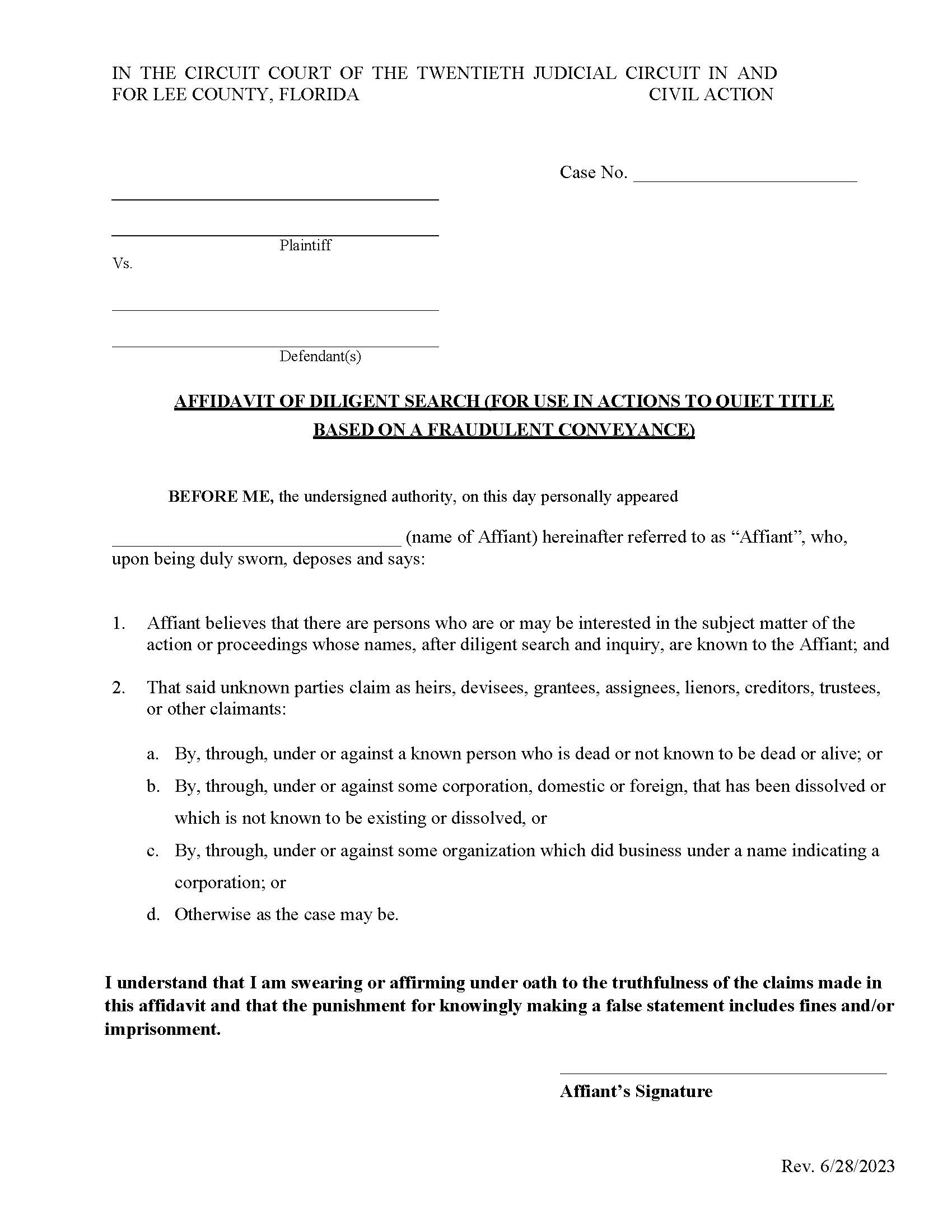 Affidavit Of Diligent Search (To Quiet Title Fraudulent Conveyance) | Pdf Fpdf Docx | Florida