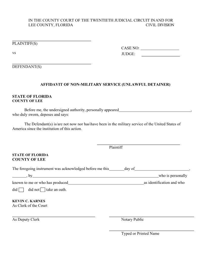 Affidavit Of Non-Military Service (Unlawful Detainer) | Pdf Fpdf Docx | Florida
