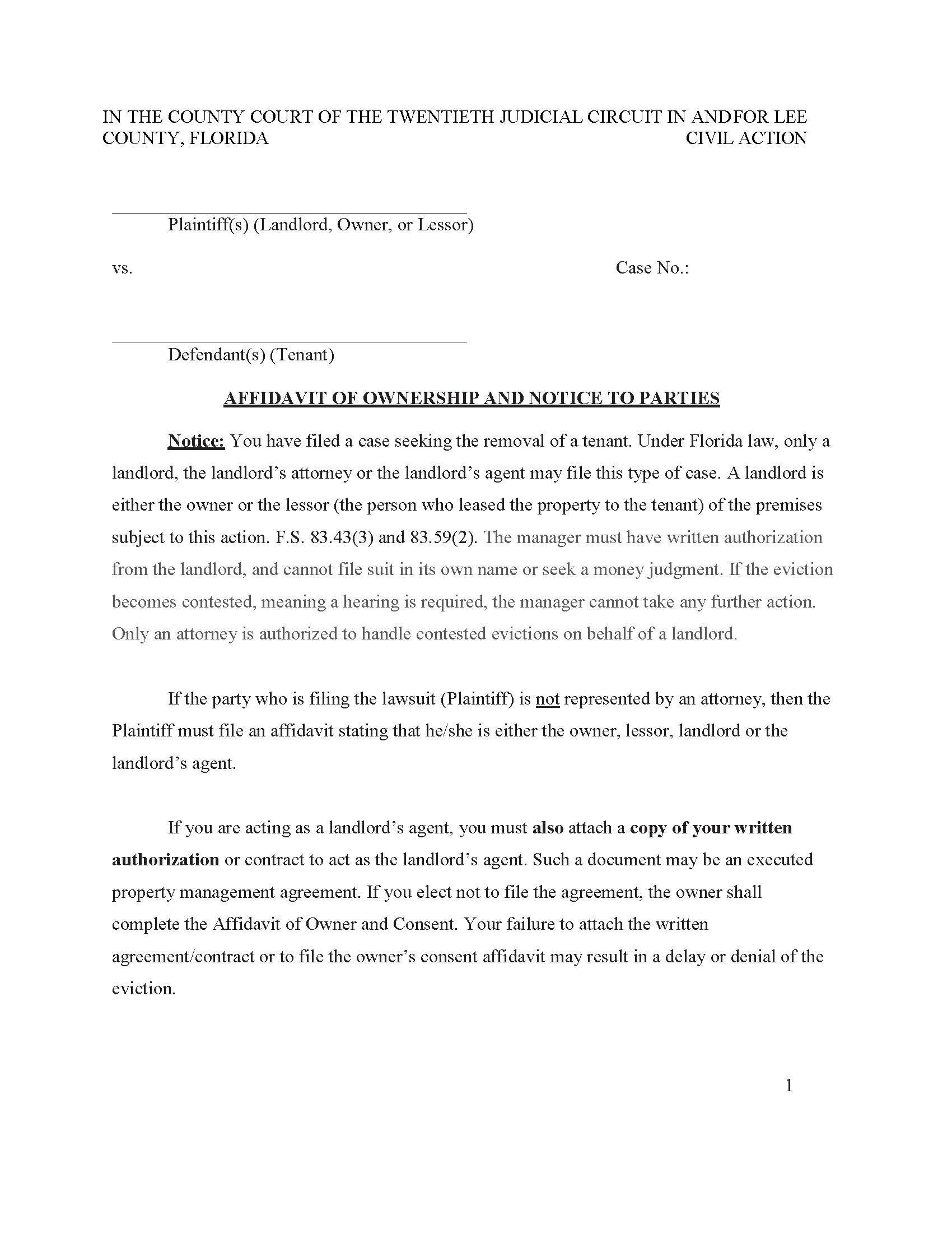 Affidavit Of Ownership Notice To Parties Affidavit Of Owner And Consent | Pdf Fpdf Docx | Florida