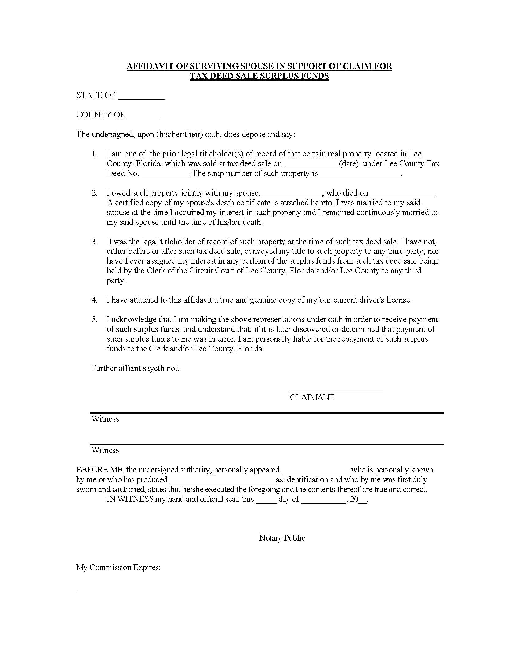 Affidavit Of Surviving Spouse Claim For Tax Deed Sale Surplus Funds | Pdf Fpdf Docx | Florida