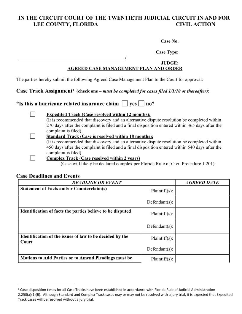 Agreed Case Management Plan And Order | Pdf Fpdf Docx | Florida