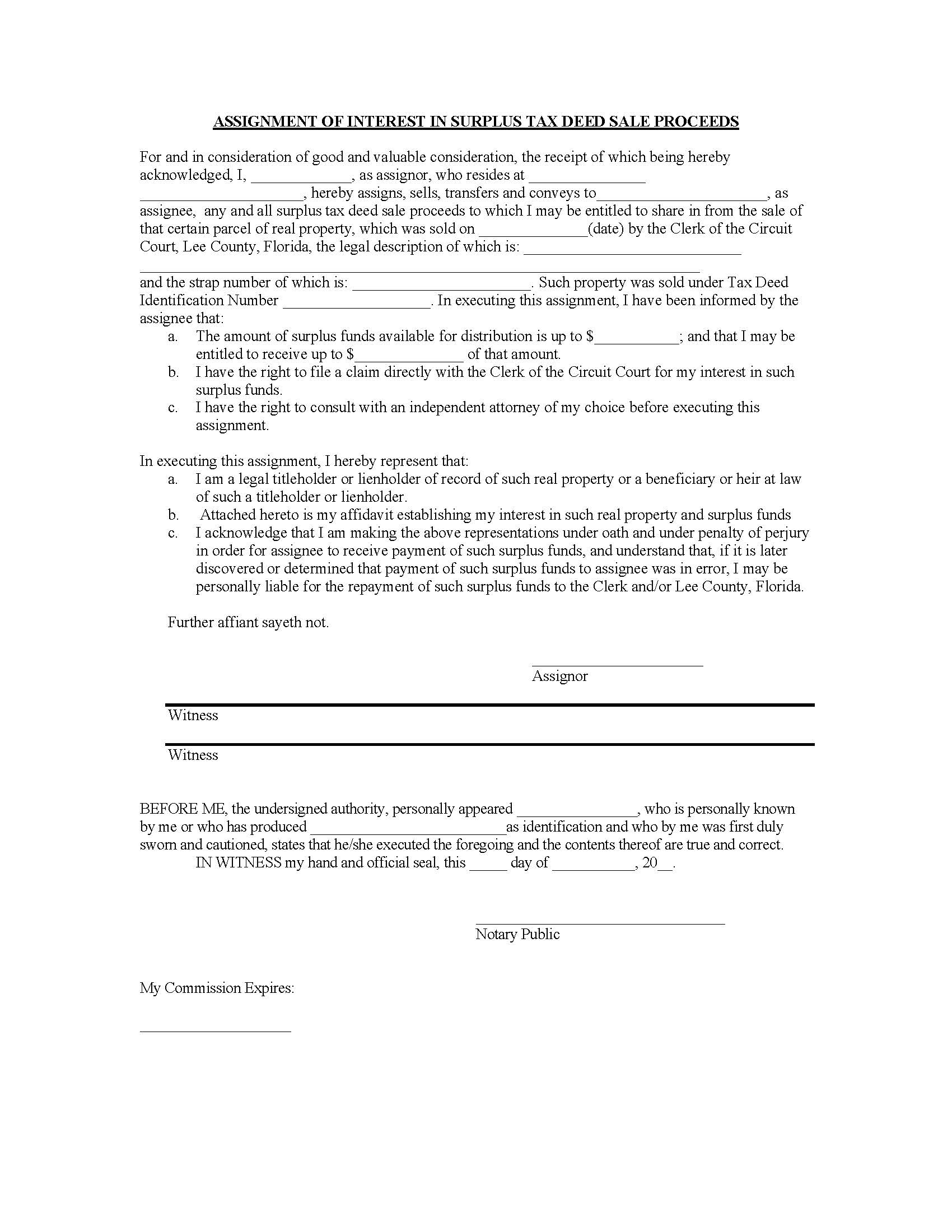 Assignment Of Interest In Tax Deed Sale Surplus Proceeds | Pdf Fpdf Docx | Florida