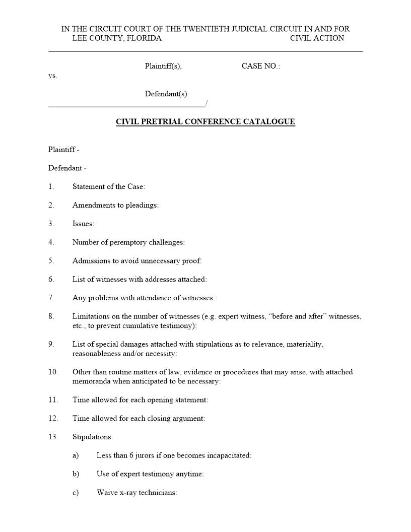Civil Pretrial Conference Catalogue (Uniform PC Order) (Judge Steinbeck) | Pdf Fpdf Docx | Florida