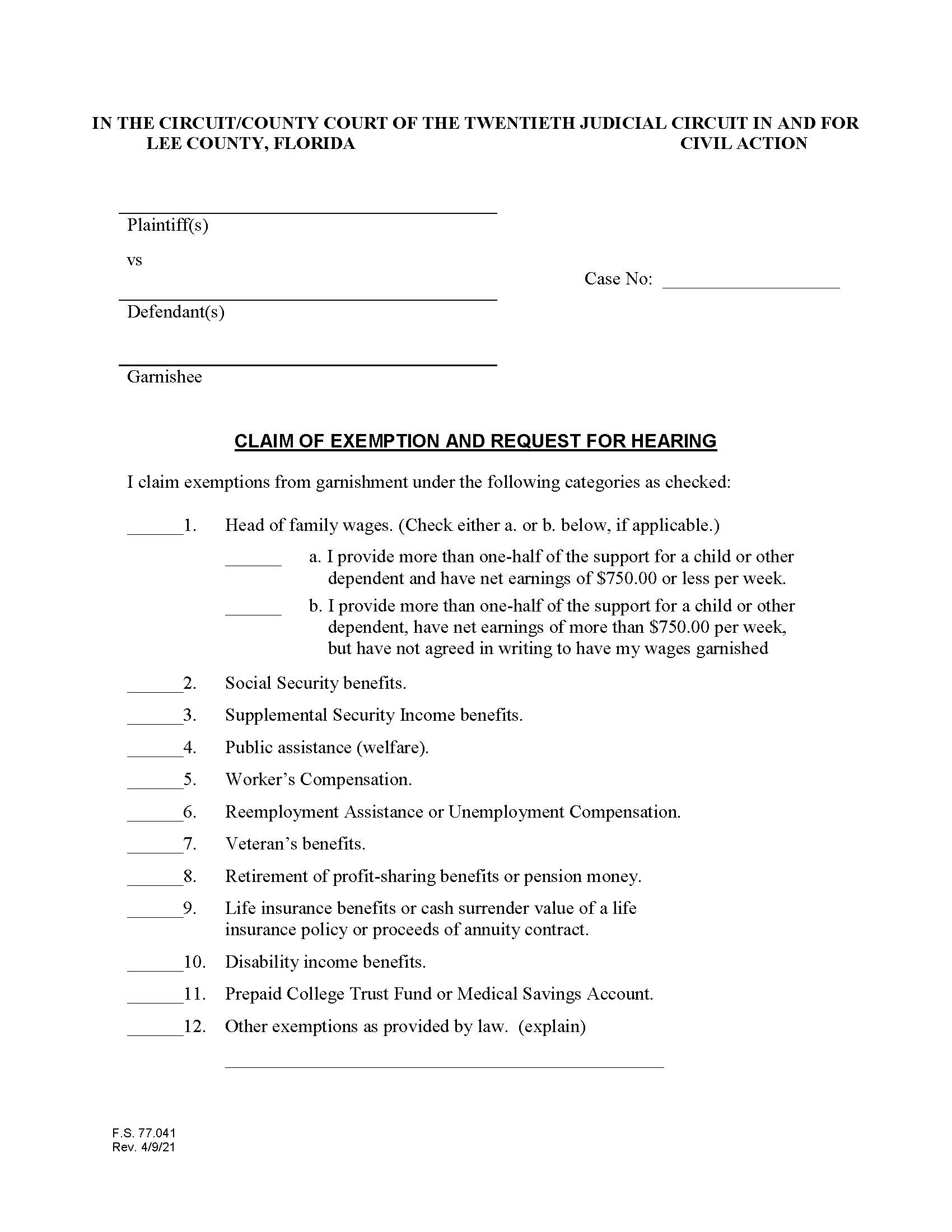 Claim Of Exemption And Request For Hearing | Pdf Fpdf Docx | Florida