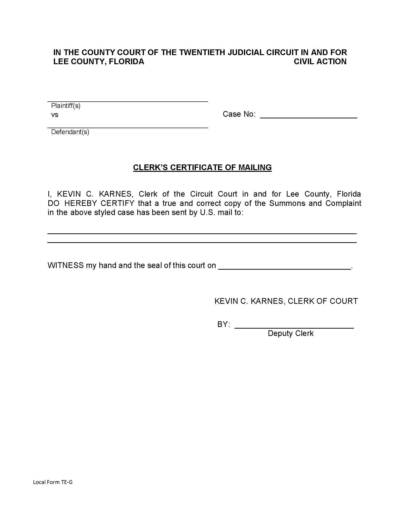 Clerks Certificate Of Mailing (Eviction Summons And Complaint) {TE-G} | Pdf Fpdf Docx | Florida