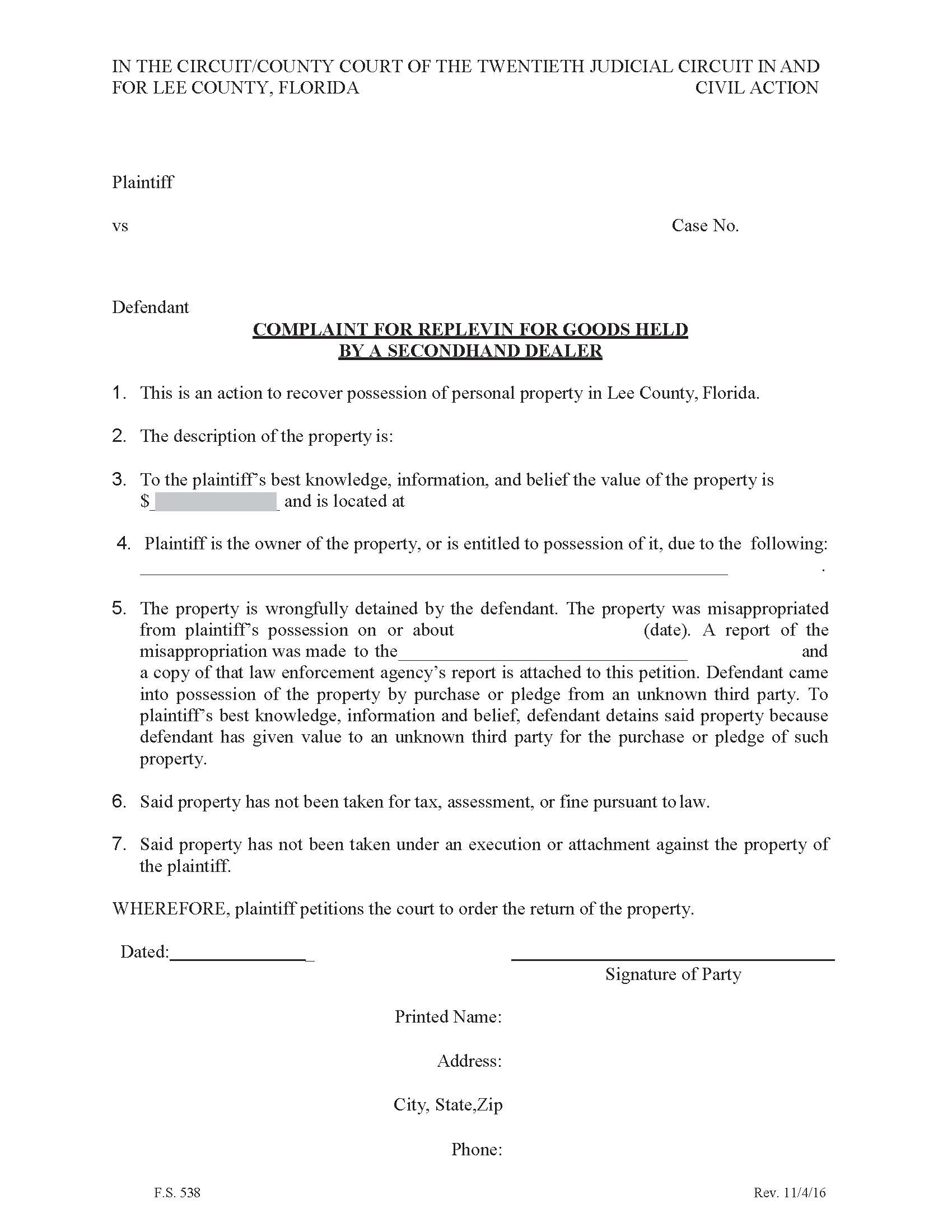 Complaint For Replevin For Goods Held By A Secondhand Dealer | Pdf Fpdf Docx | Florida