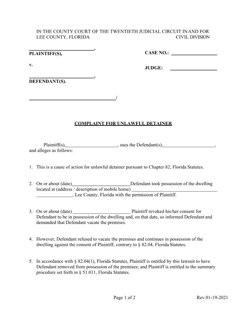 Complaint For Unlawful Detainer | Pdf Fpdf Docx | Florida