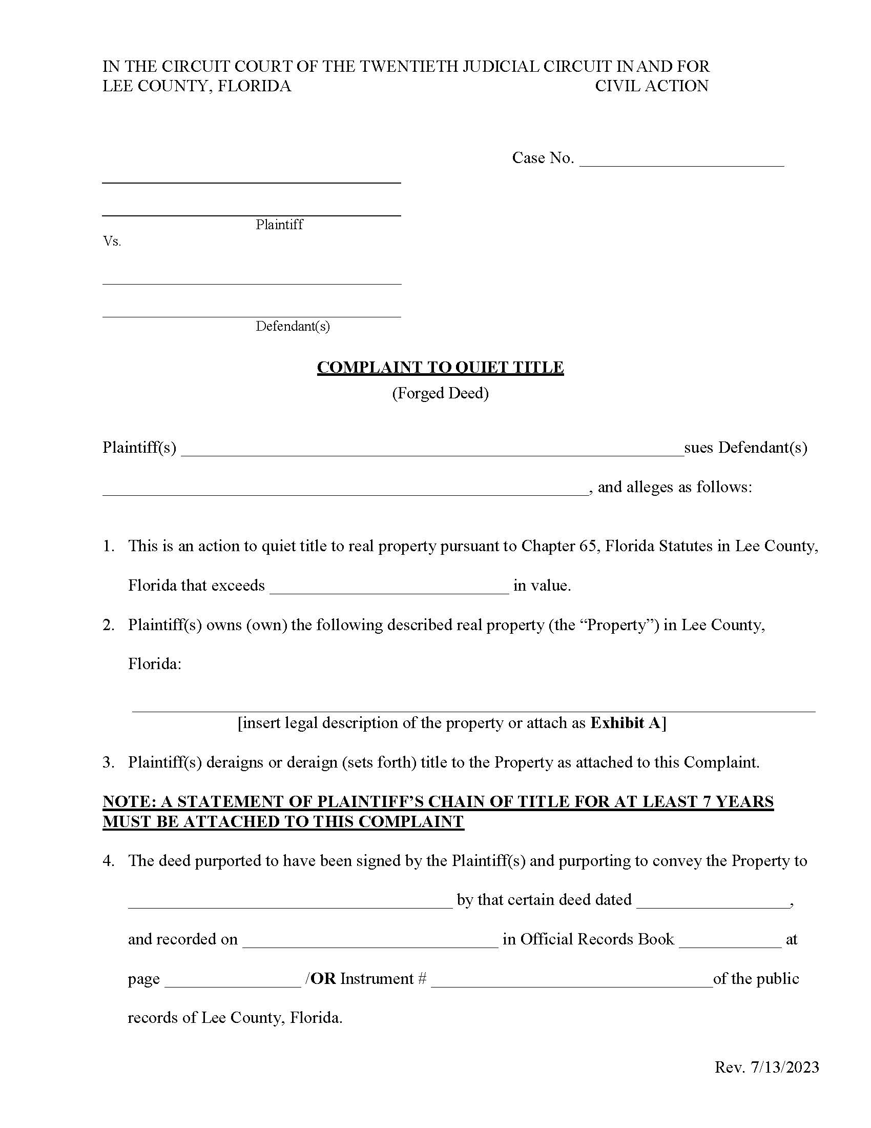 Complaint To Quiet Title (Forged Deed) | Pdf Fpdf Docx | Florida