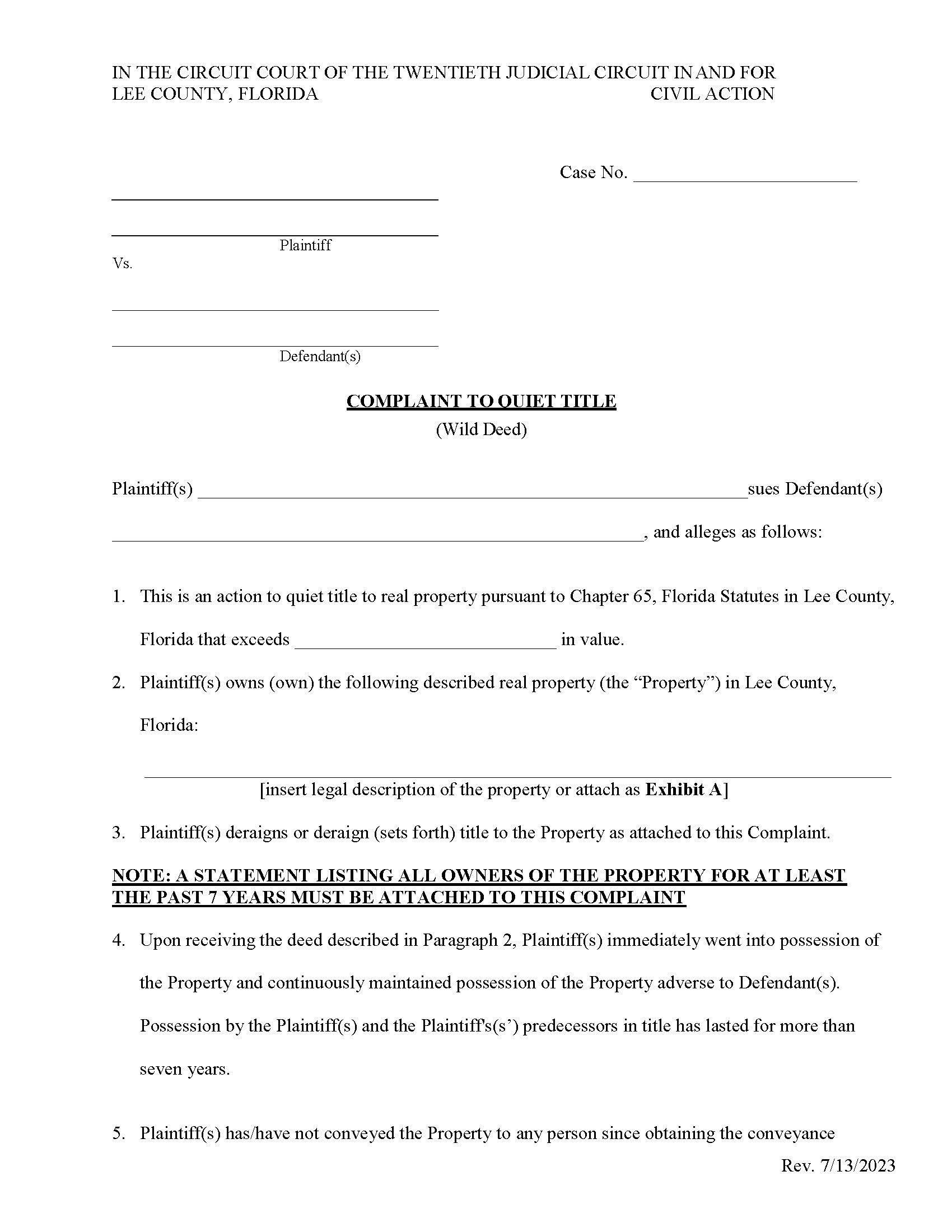 Complaint To Quiet Title (Wild Deed) | Pdf Fpdf Docx | Florida