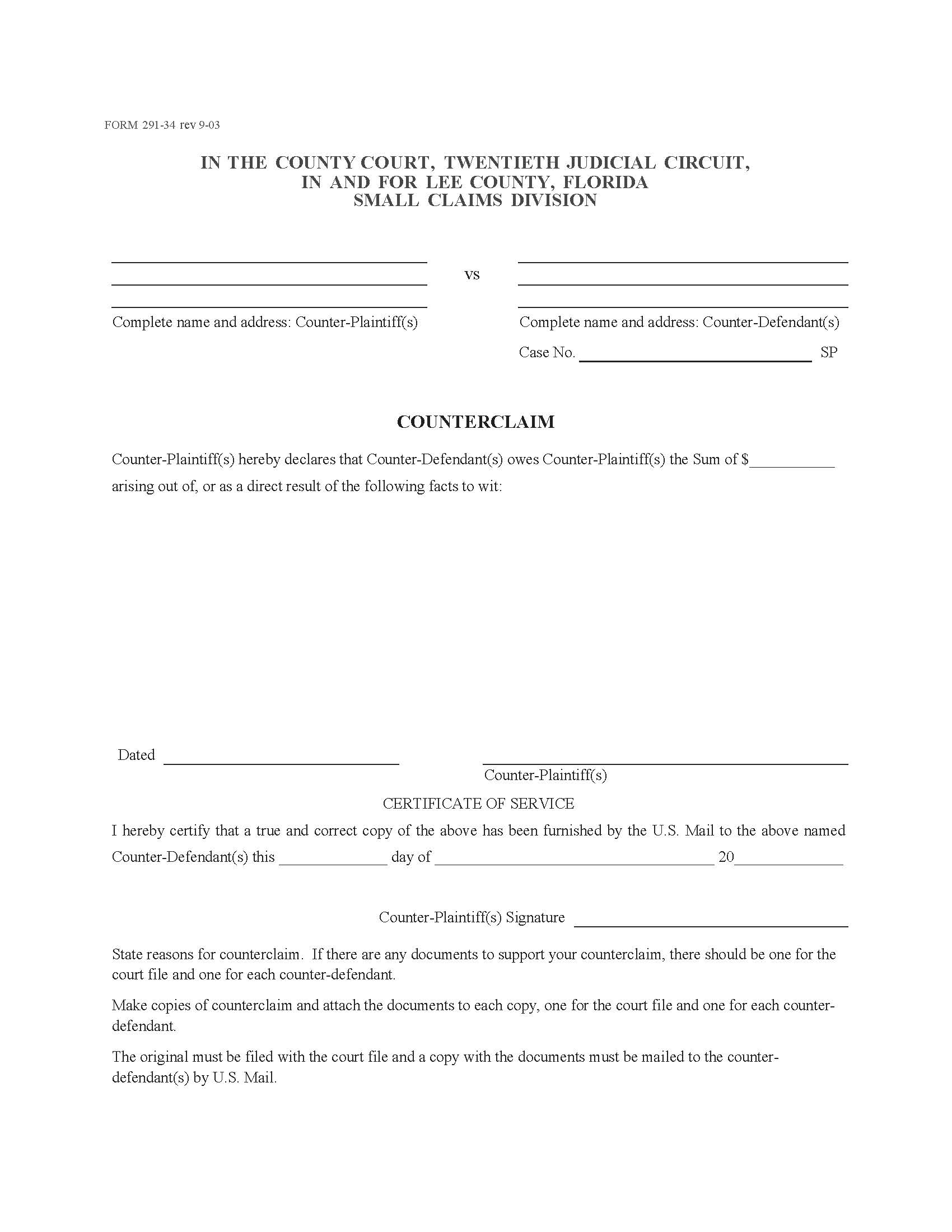 Counterclaim (Small Claims) {291-34} | Pdf Fpdf Docx | Florida