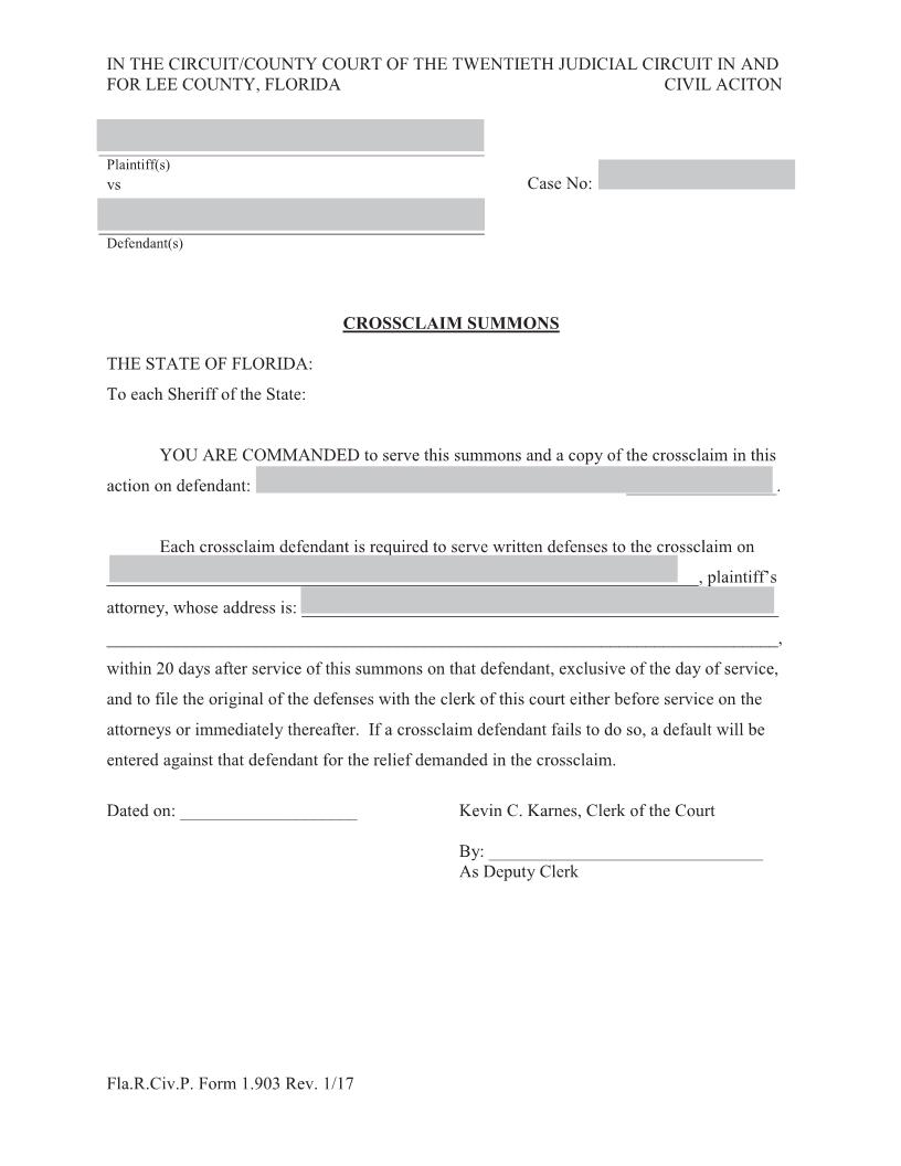 Crossclaim Summons | Pdf Fpdf Doc Docx | Florida