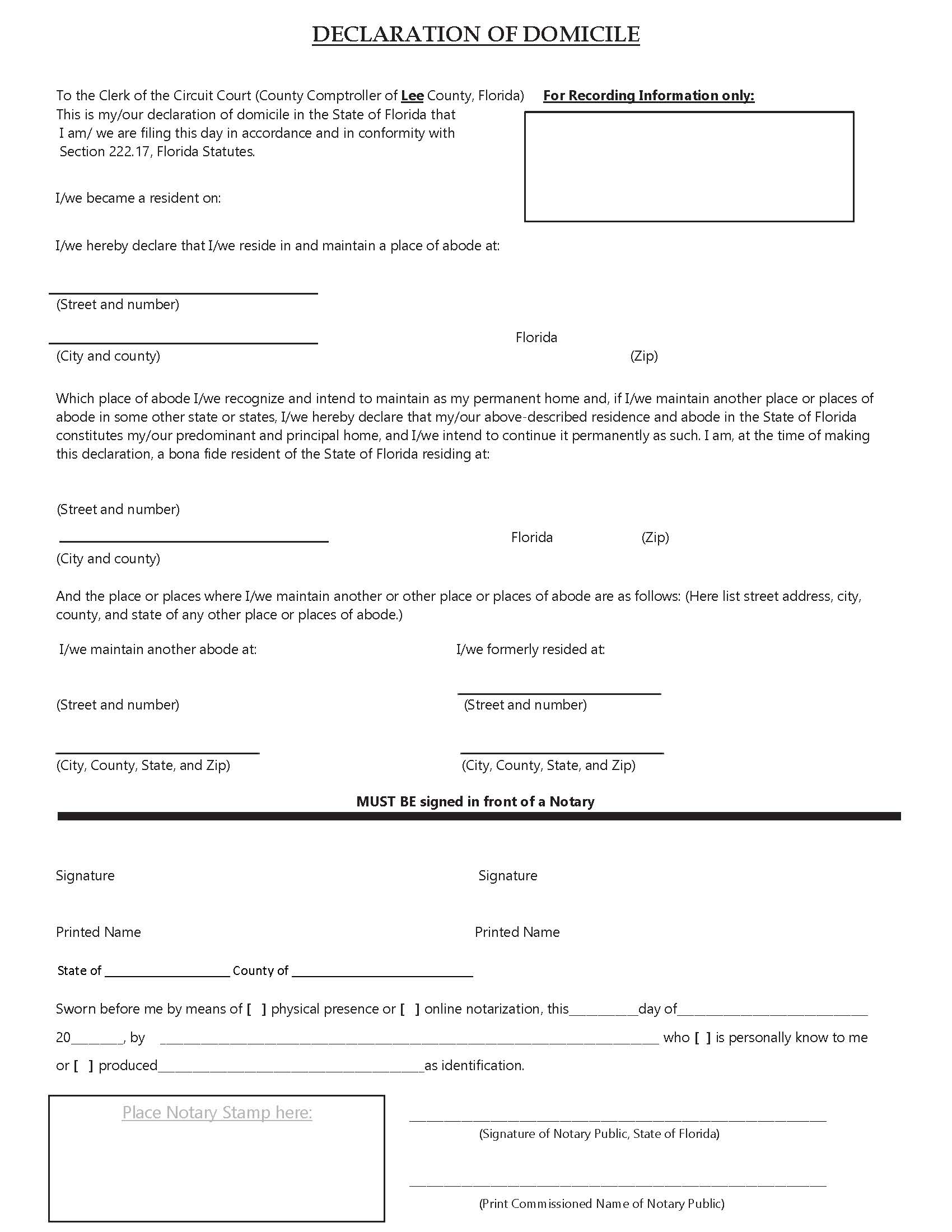 Declaration Of Domicile | Pdf Fpdf Docx | Florida