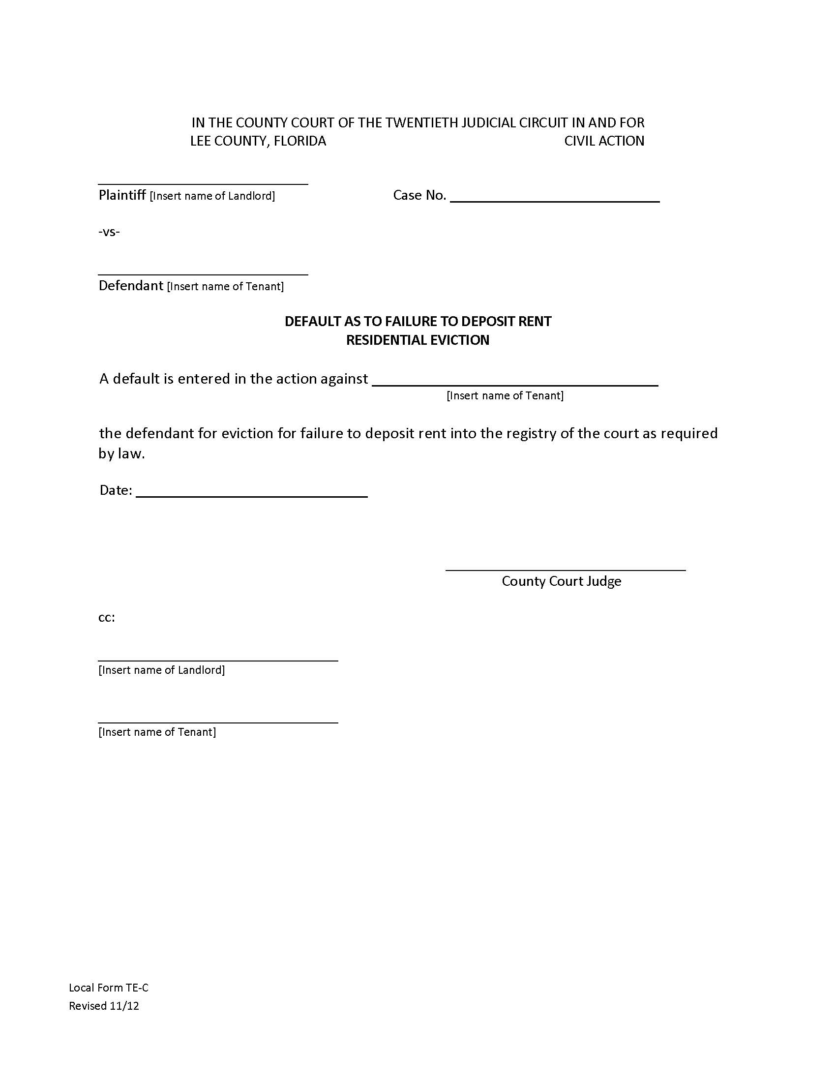 Default As To Failure To Deposit Rent Residential Eviction {TE-C} | Pdf Fpdf Docx | Florida