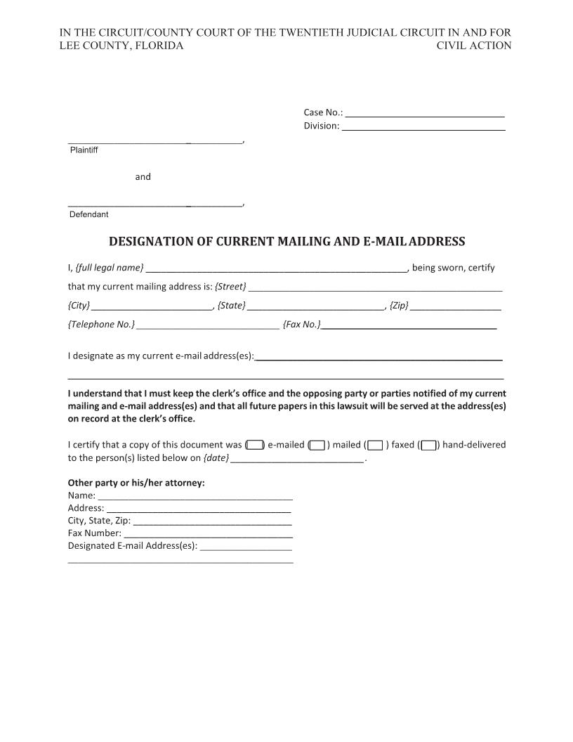 Designation Of Current Mailing And E-Mail Address | Pdf Fpdf Docx | Florida