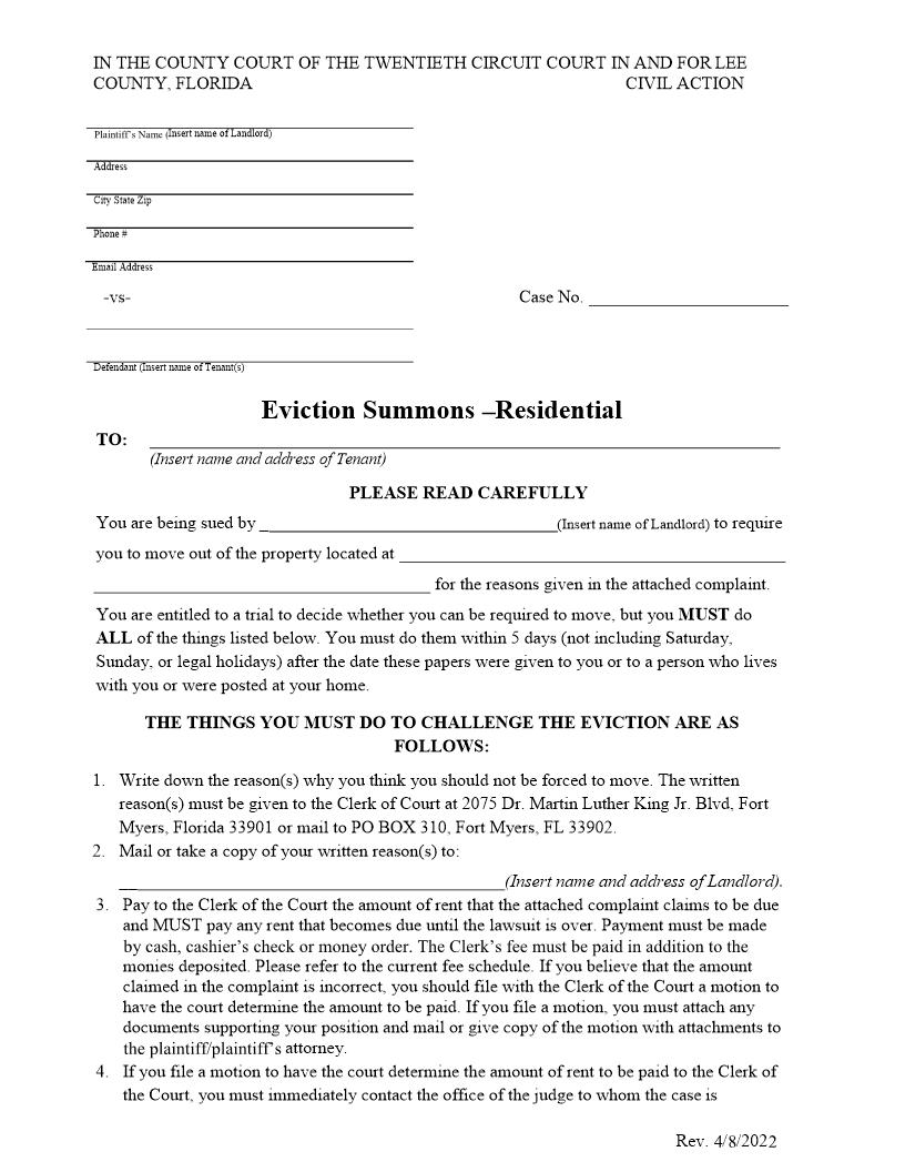 Eviction Summons - Residential | Pdf Fpdf Doc Docx | Florida