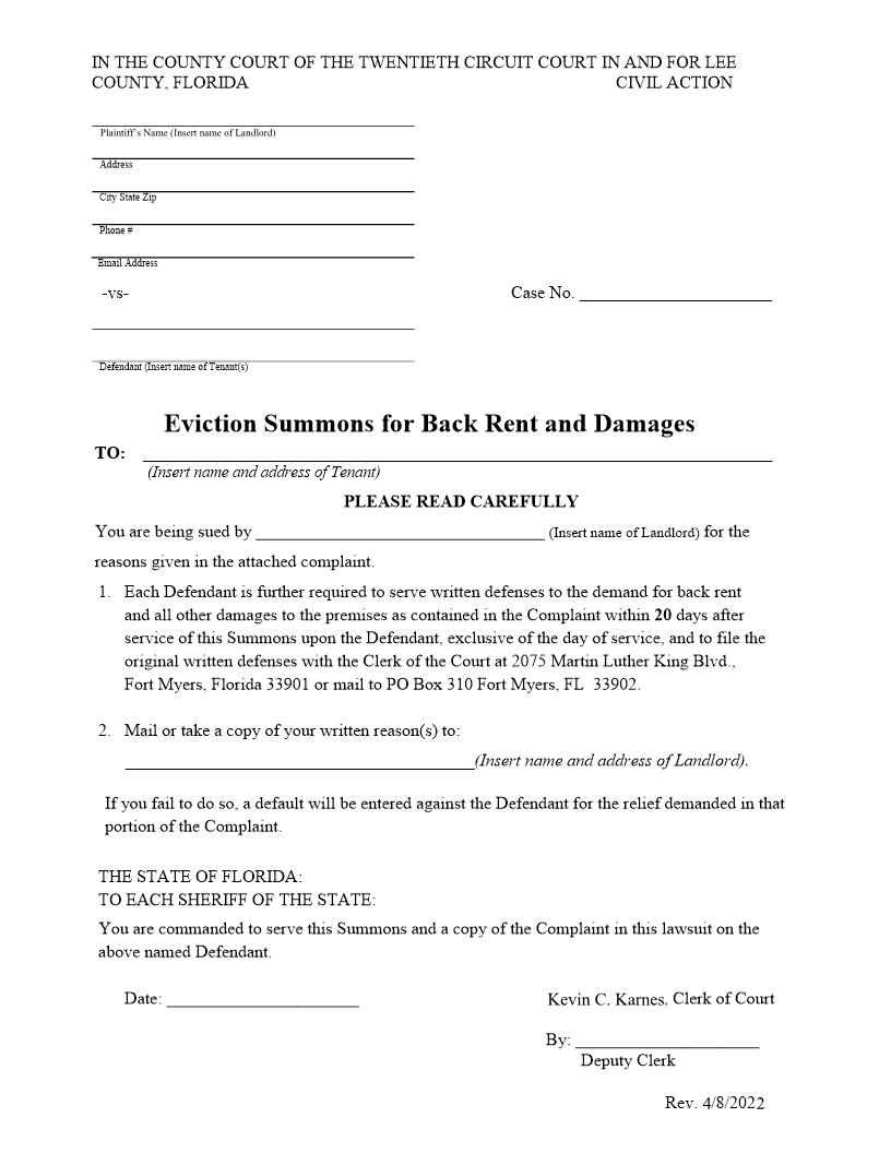 Eviction Summons For Back Rent And Damages | Pdf Fpdf Docx | Florida