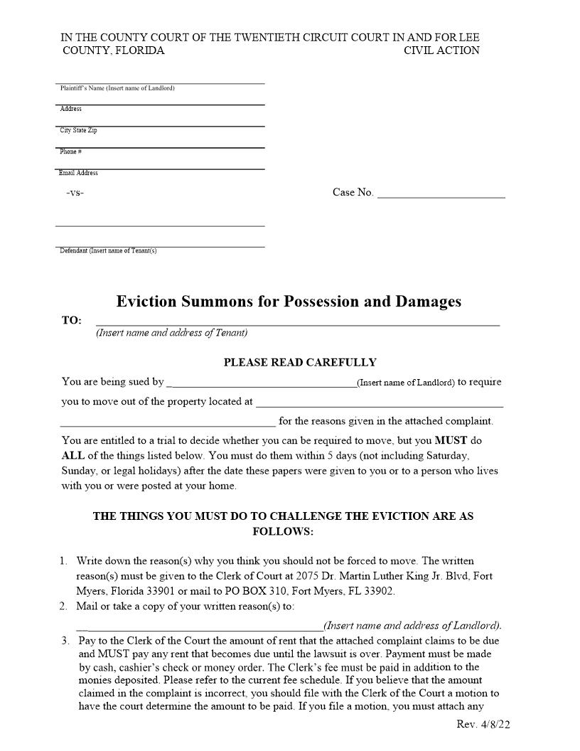 Eviction Summons For Possession And Damages | Pdf Fpdf Docx | Florida