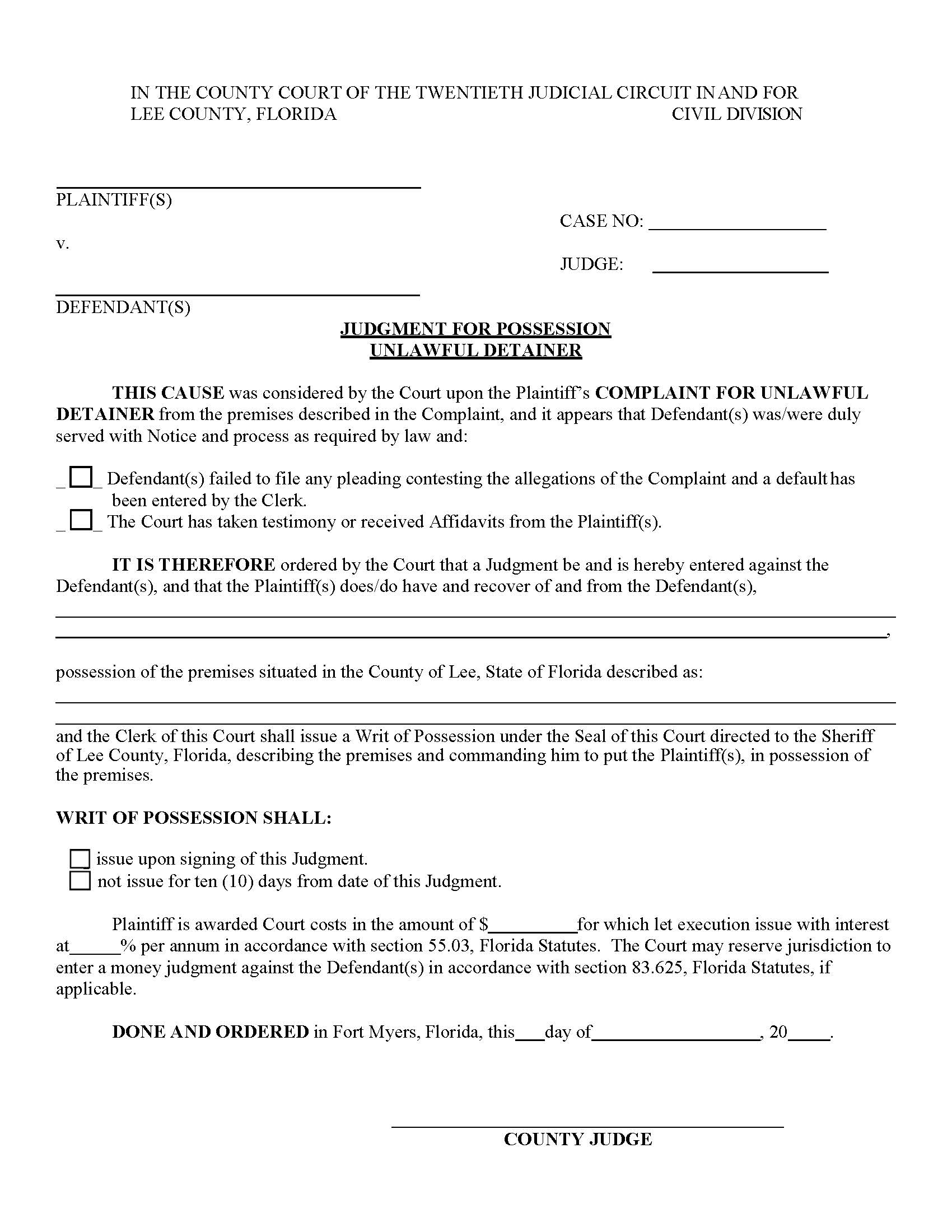 Judgment For Possession Unlawful Detainer | Pdf Fpdf Docx | Florida