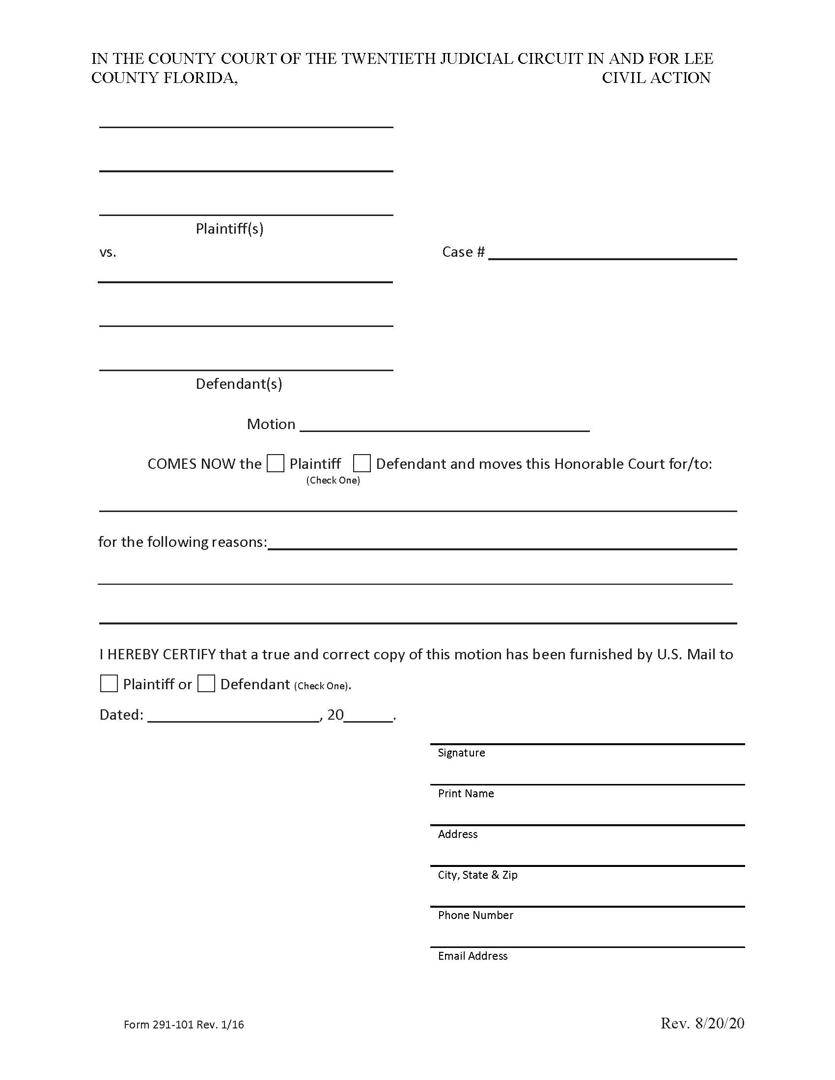 Motion (Blank - County Civil) | Pdf Fpdf Docx | Florida