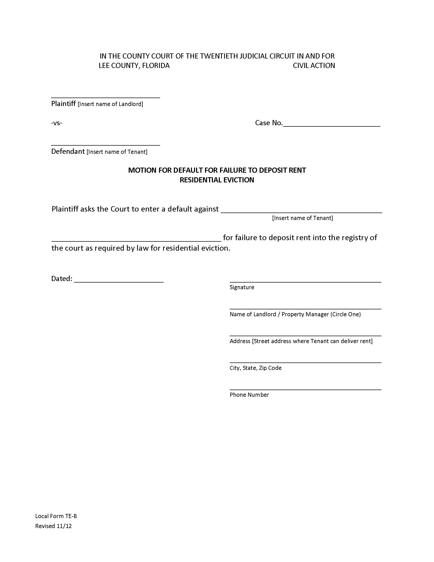 Motion For Default For Failure To Deposit Rent Residential Eviction {TE-B} | Pdf Fpdf Docx | Florida