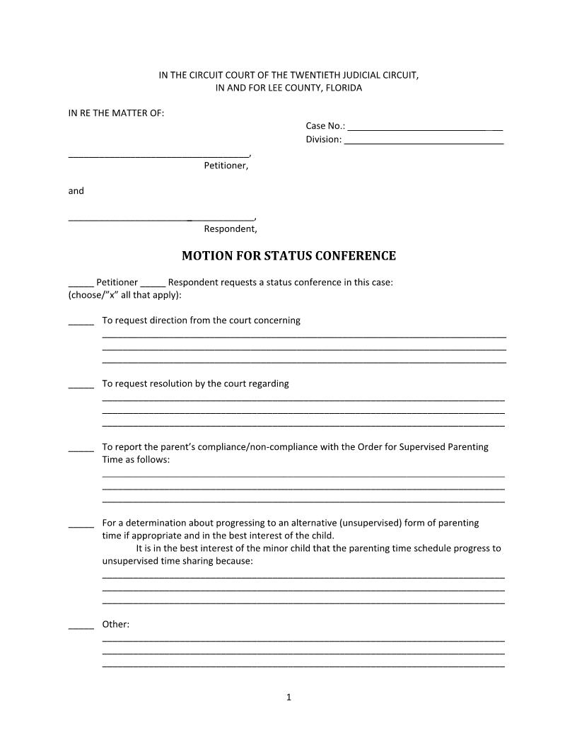 Motion For Status Conference (Supervised Parenting Time) (Judge Schreiber) | Pdf Fpdf Docx | Florida