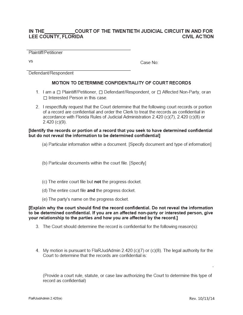 Motion To Determine Confidentiality Of Court Records | Pdf Fpdf Docx | Florida
