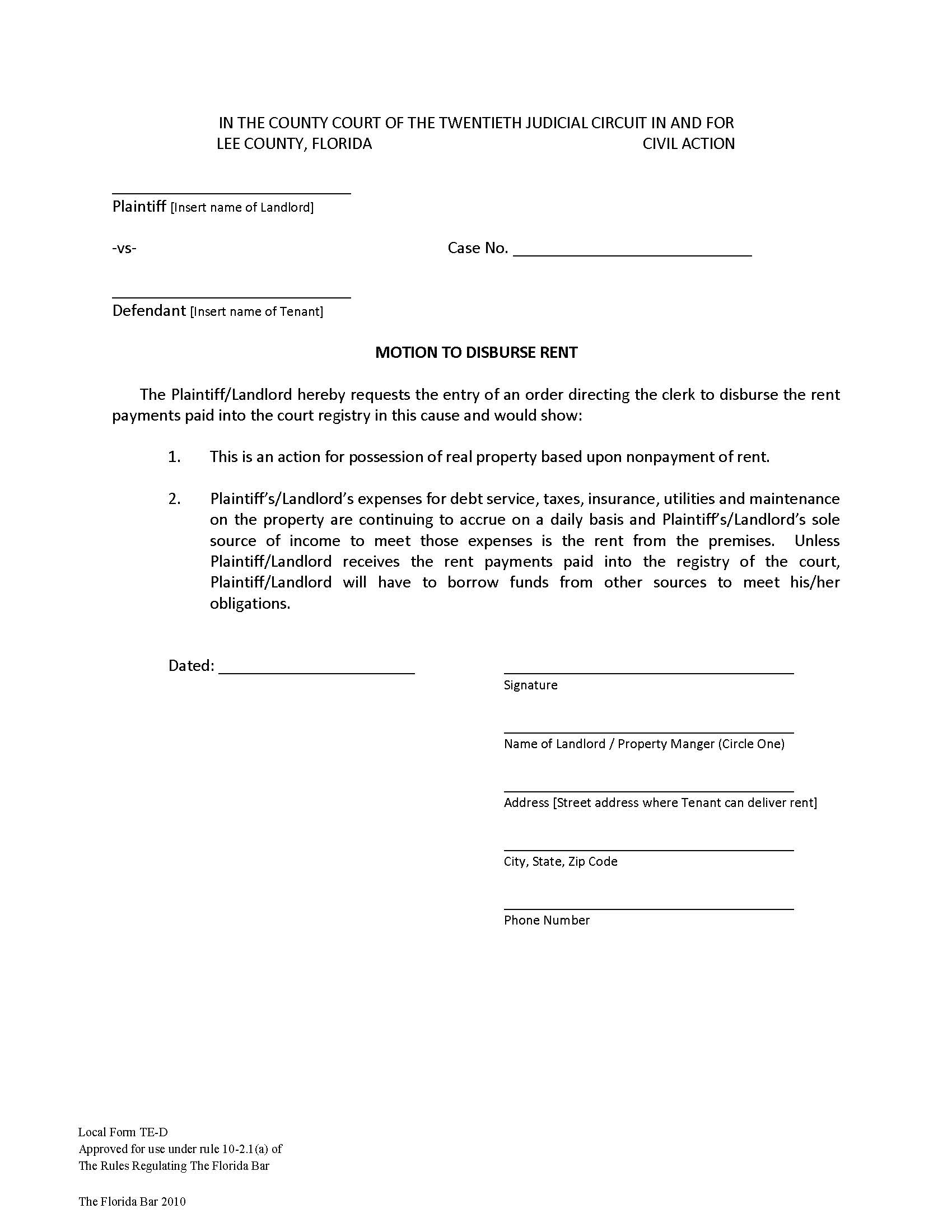 Motion To Disburse Rent {TE-D} | Pdf Fpdf Docx | Florida