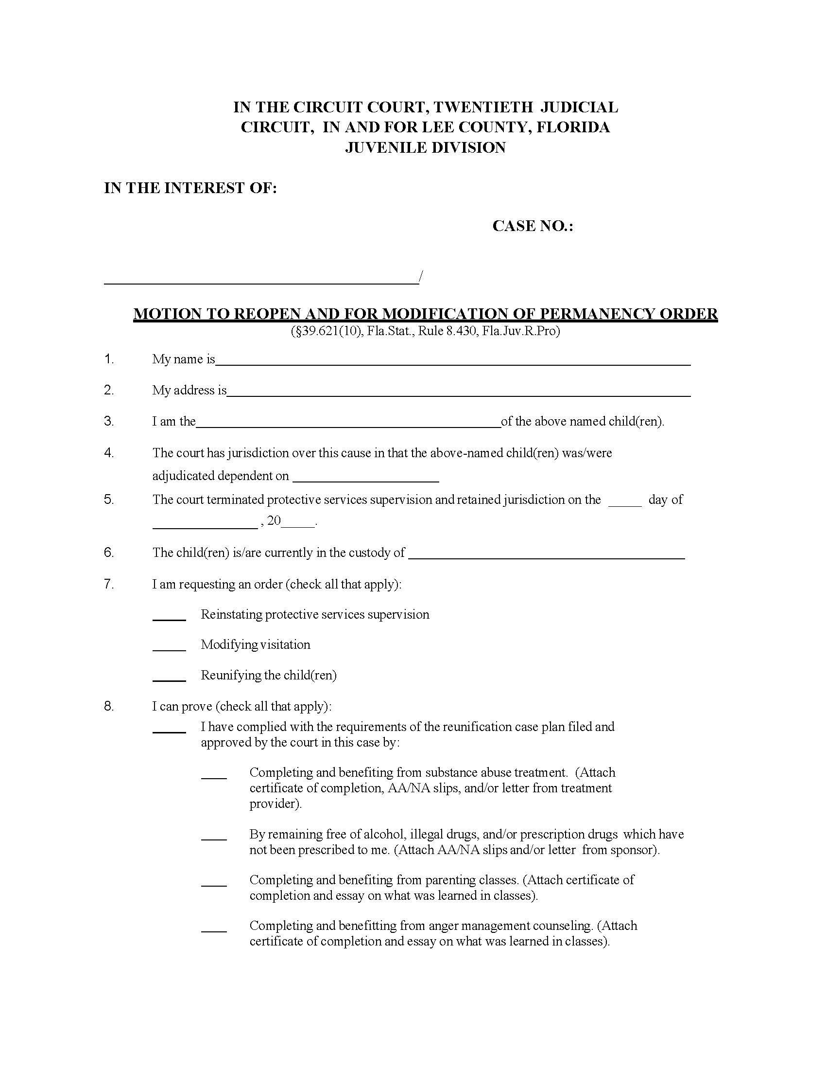 Motion To Reopen And For Modification Of Permanency Order (Judge Perez) | Pdf Fpdf Docx | Florida