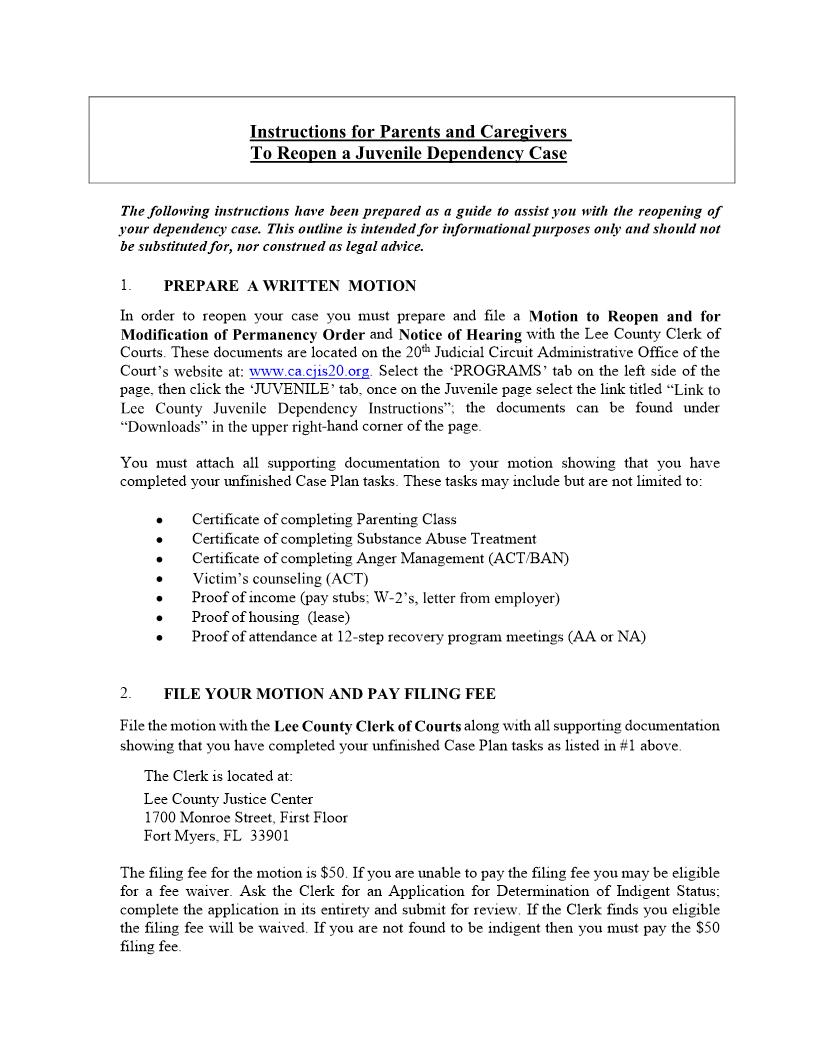 Motion To Reopen And For Modification Of Permanency Order (Judge Swift) | Pdf Fpdf Docx | Florida