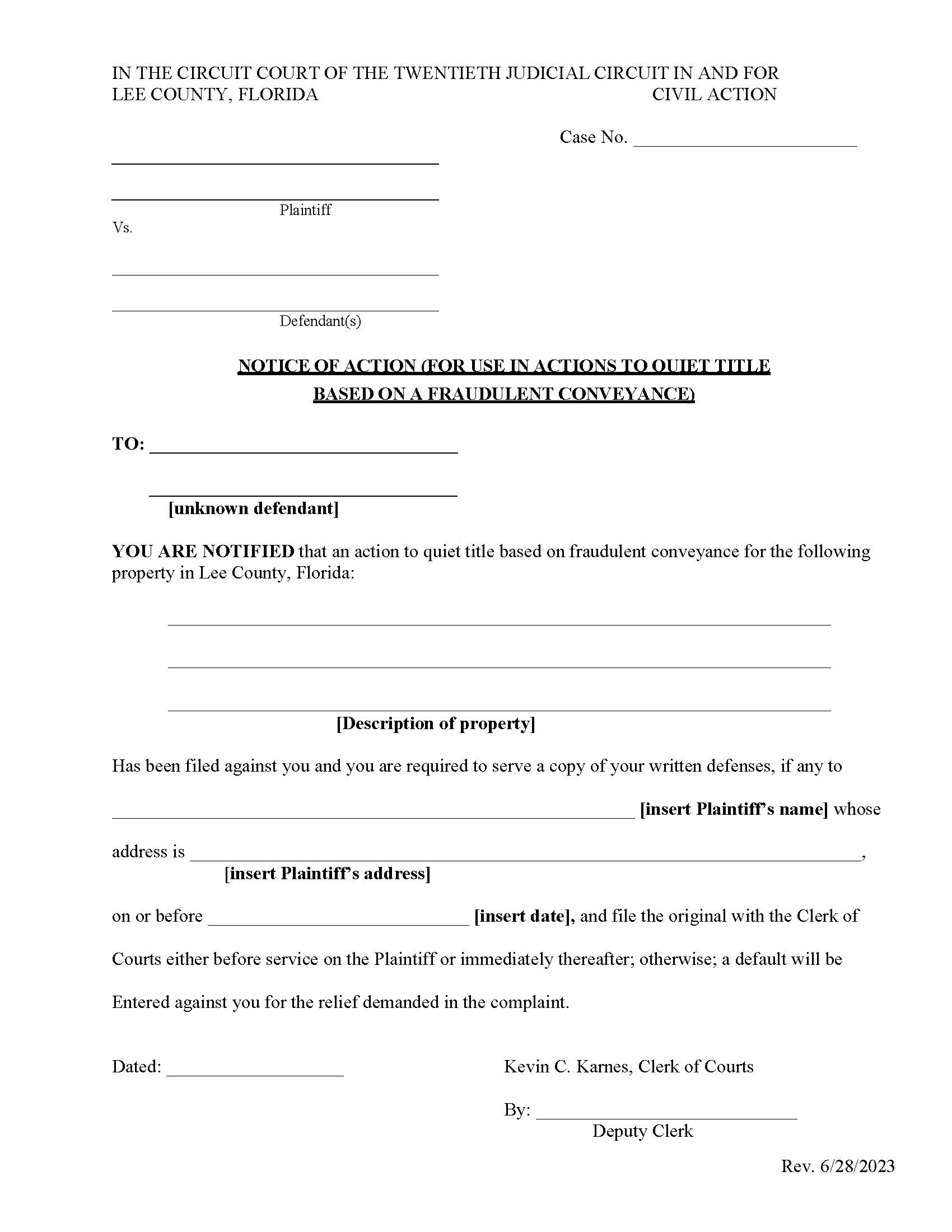 Notice Of Action (To Quiet Title Based On Fraudulent Conveyance) | Pdf Fpdf Docx | Florida