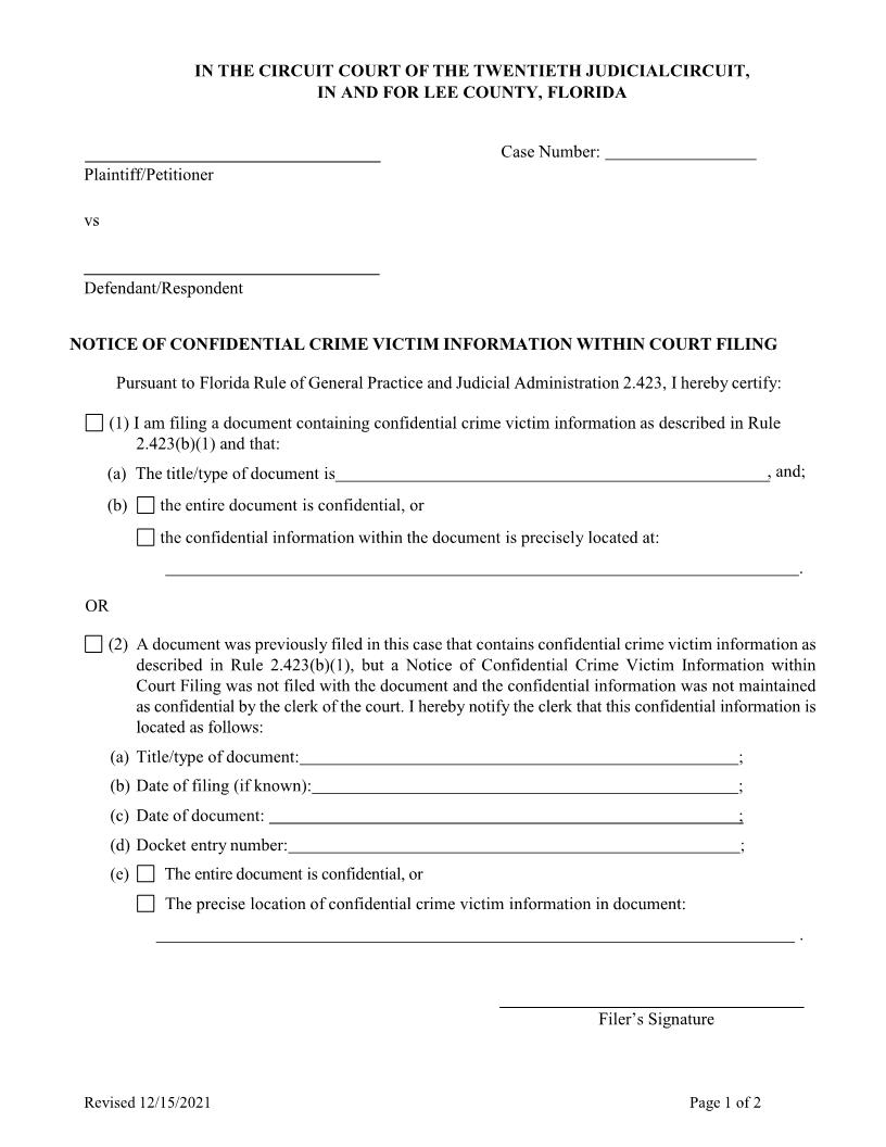 Notice Of Confidential Crime Victim Information Within Court Filing | Pdf Fpdf Docx | Florida