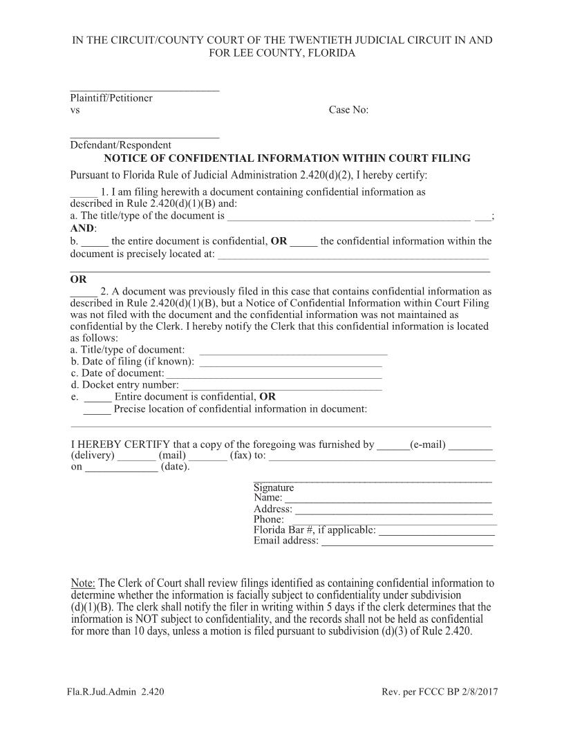 Notice Of Confidential Information Within Court Filing | Pdf Fpdf Docx | Florida