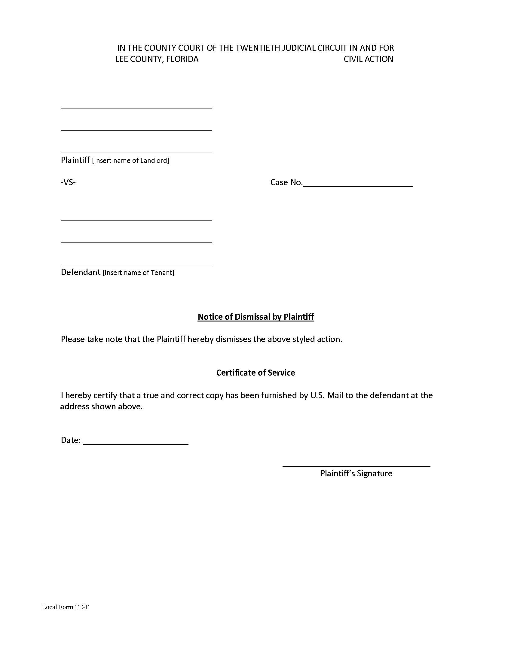 Notice Of Dismissal By Plaintiff (Eviction) {TE-F} | Pdf Fpdf Docx | Florida