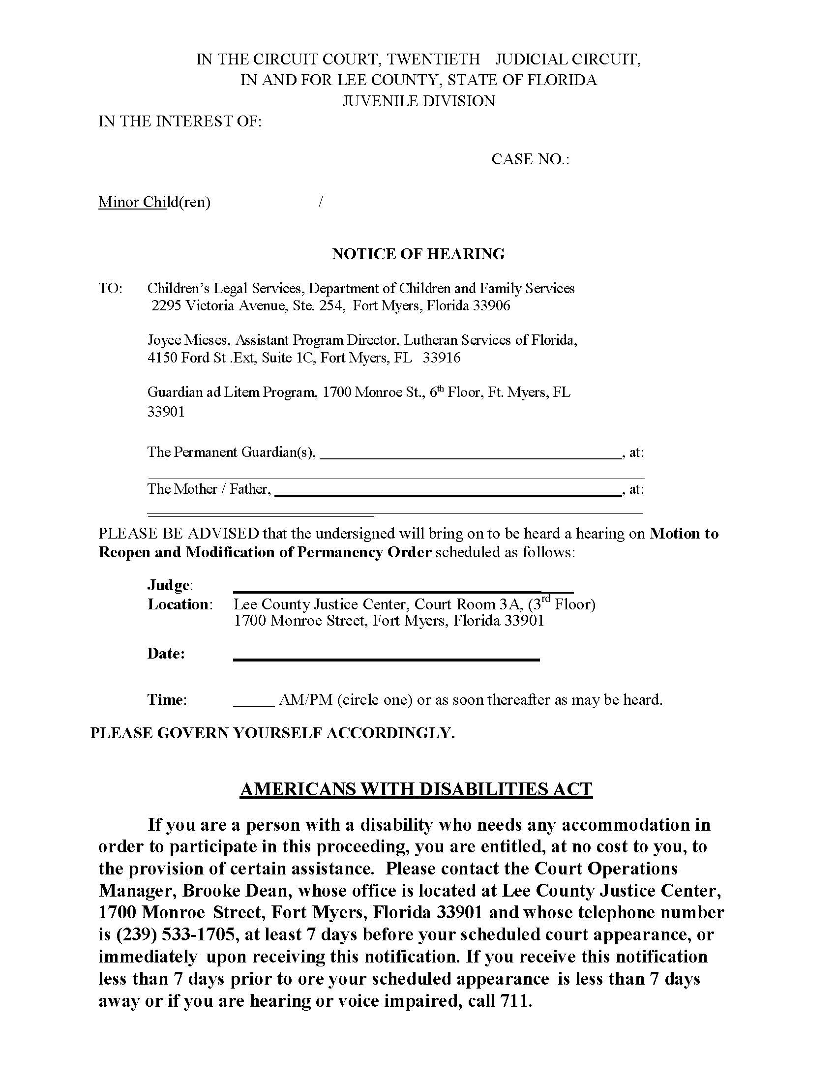 Notice Of Hearing (Motion To Reopen Permanency Order) (Judge Perez) | Pdf Fpdf Docx | Florida