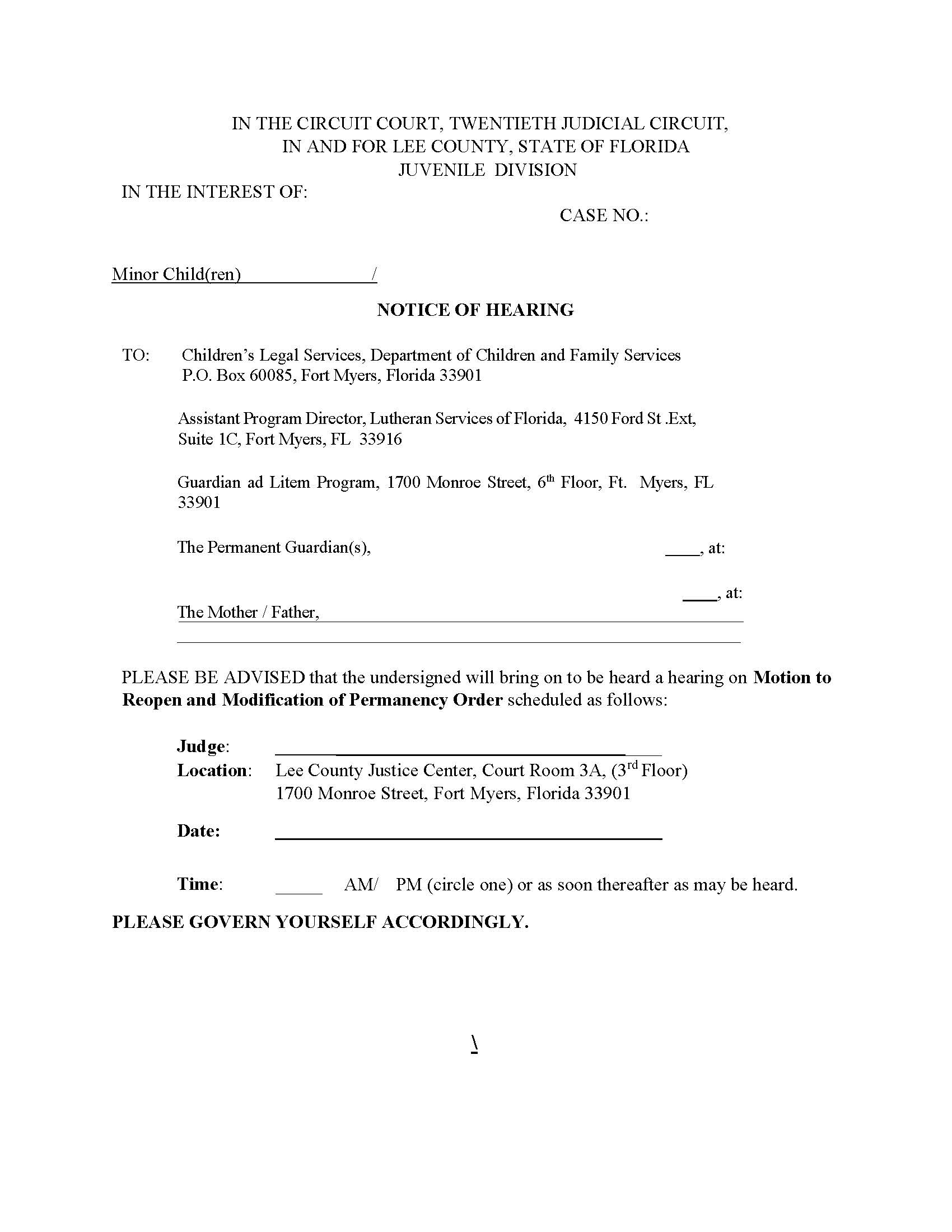 Notice Of Hearing (Motion To Reopen Permanency Order) (Judge Swift) | Pdf Fpdf Docx | Florida
