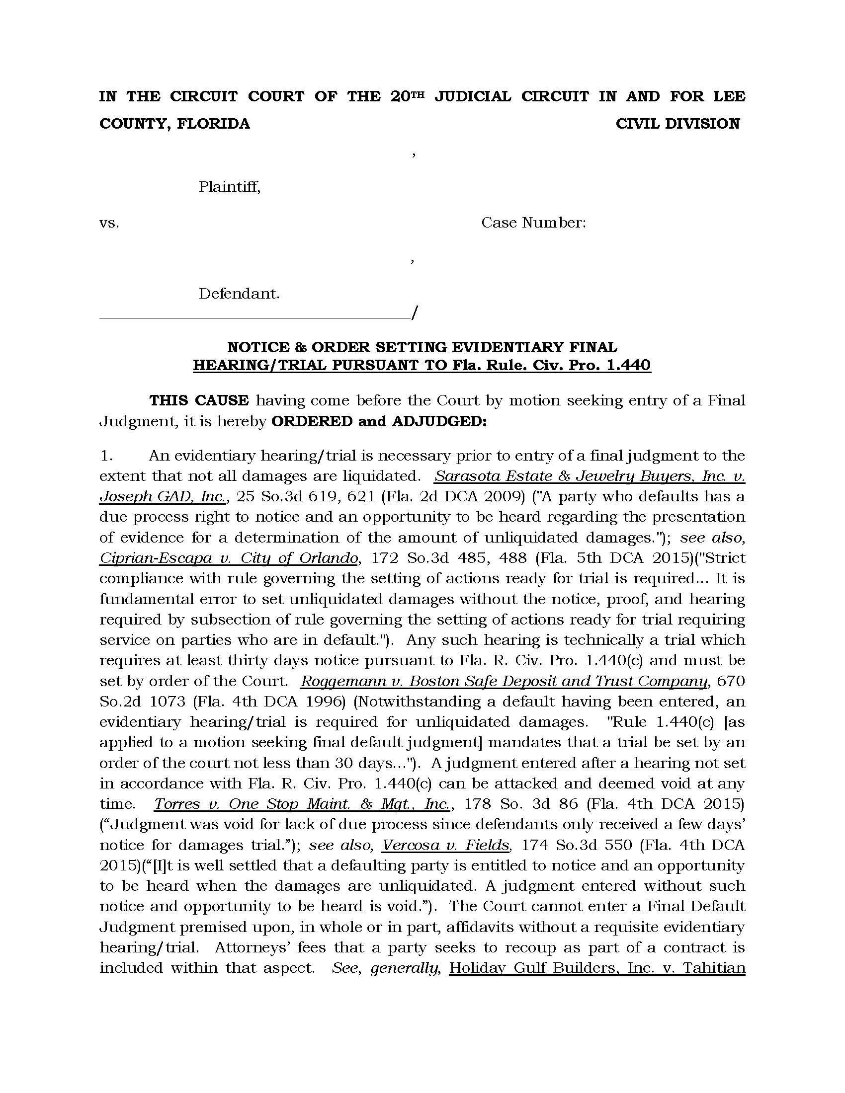 Notice Order Setting Evidentiary Final Hearing-Trial (Default) (Judge K Kyle) | Pdf Fpdf Docx | Florida