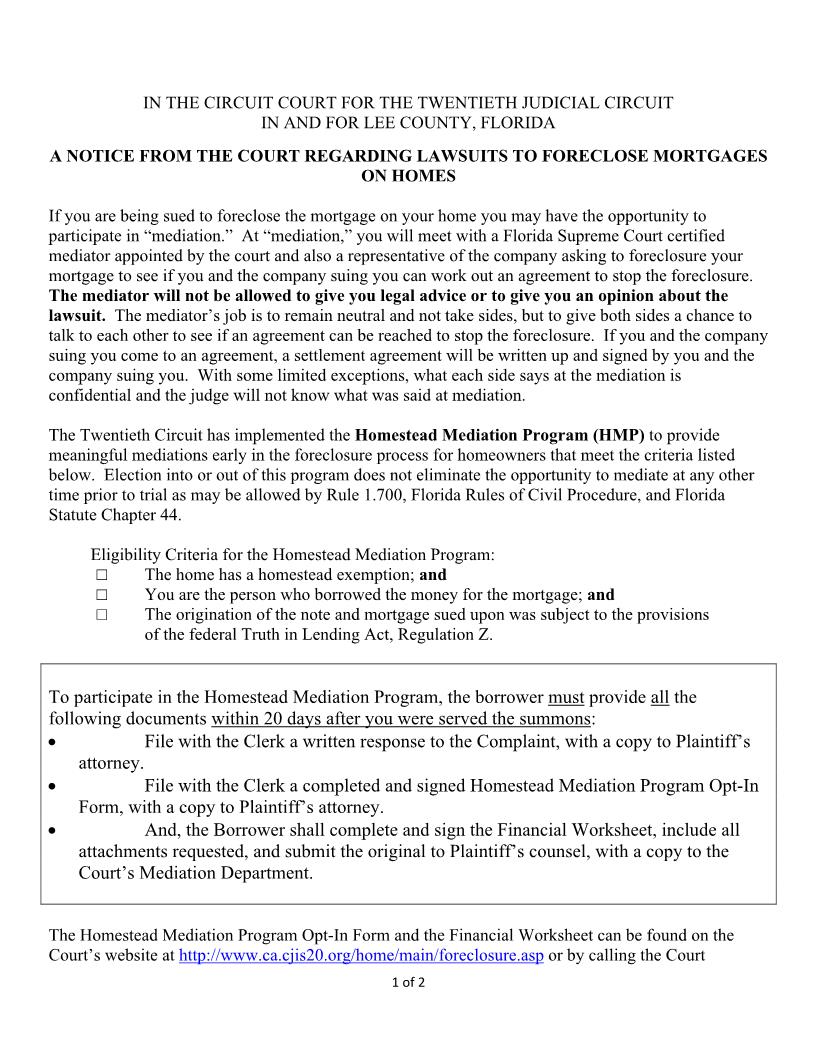 Notice Regarding Foreclosure Lawsuits (To Be Served With Summons - Lee) | Pdf Fpdf Docx | Florida