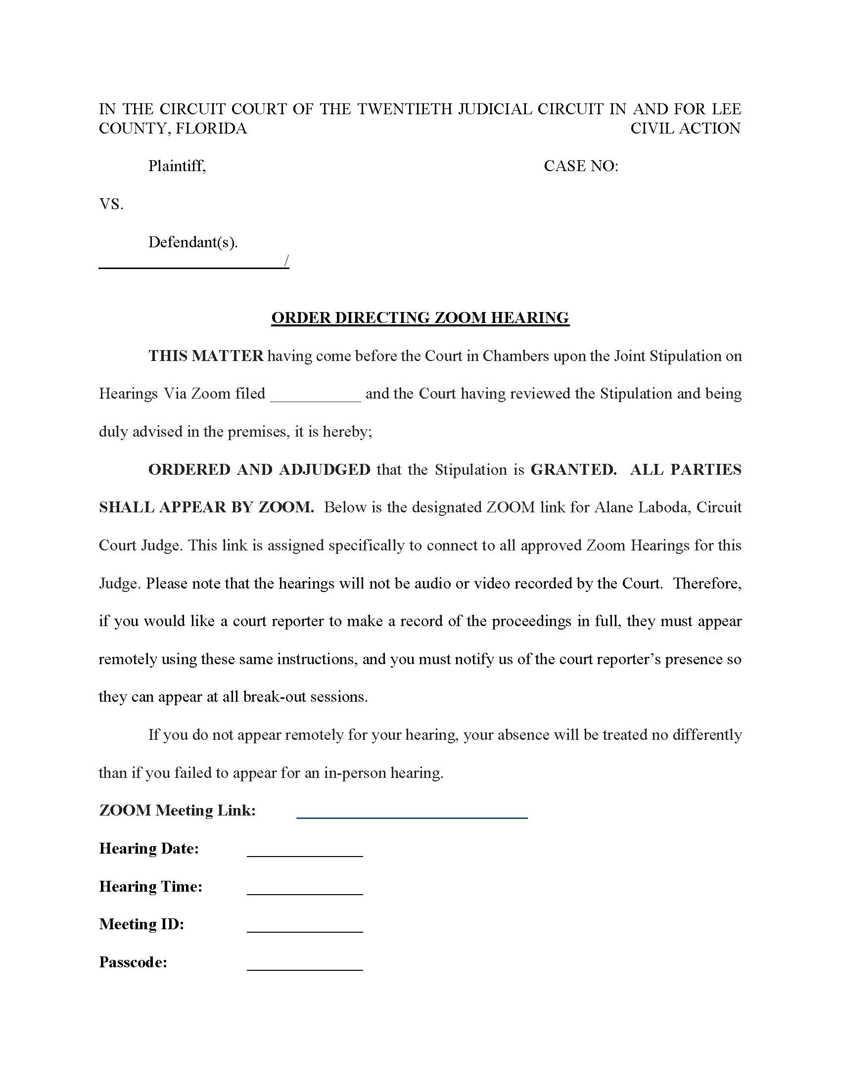 Order Directing Zoom Hearing (Judge Laboda) | Pdf Fpdf Docx | Florida