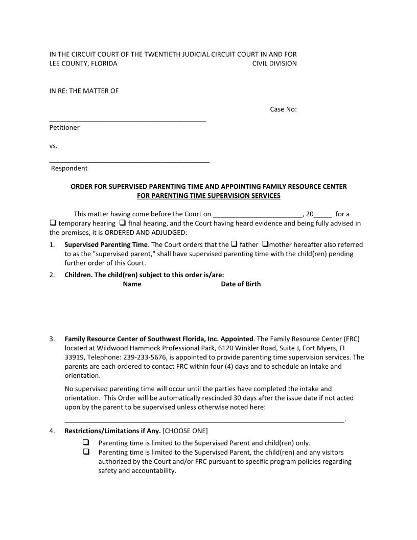 Order For Supervised Parenting Time And Appointing FRC (Judge Schreiber) | Pdf Fpdf Docx | Florida